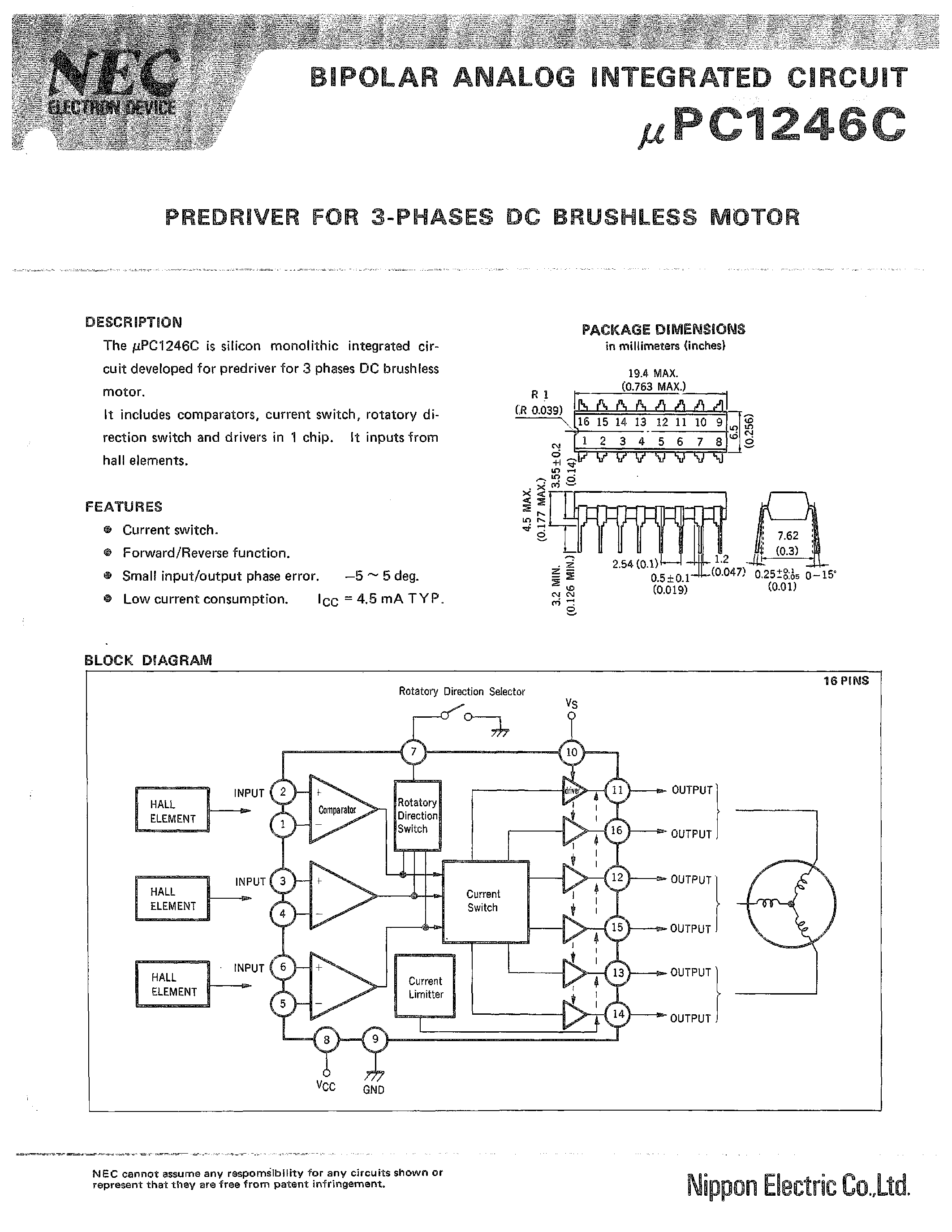 Даташит UPC1246C - PREDRIVER FOR 3-PHASES DC BRUSHLESS MOTOR страница 1