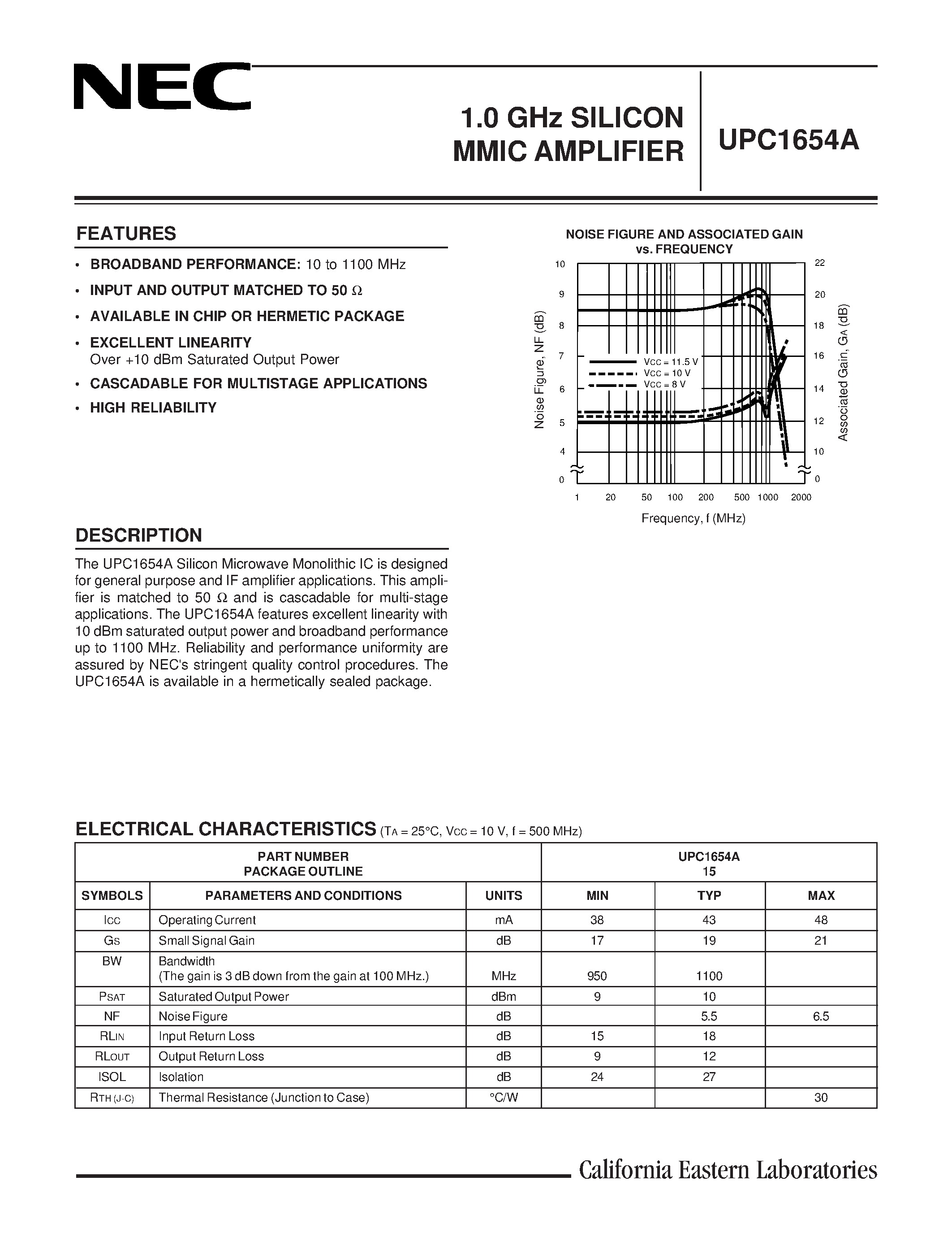 Даташит UPC1654 - 1.0 GHz SILICON MMIC AMPLIFIER страница 1