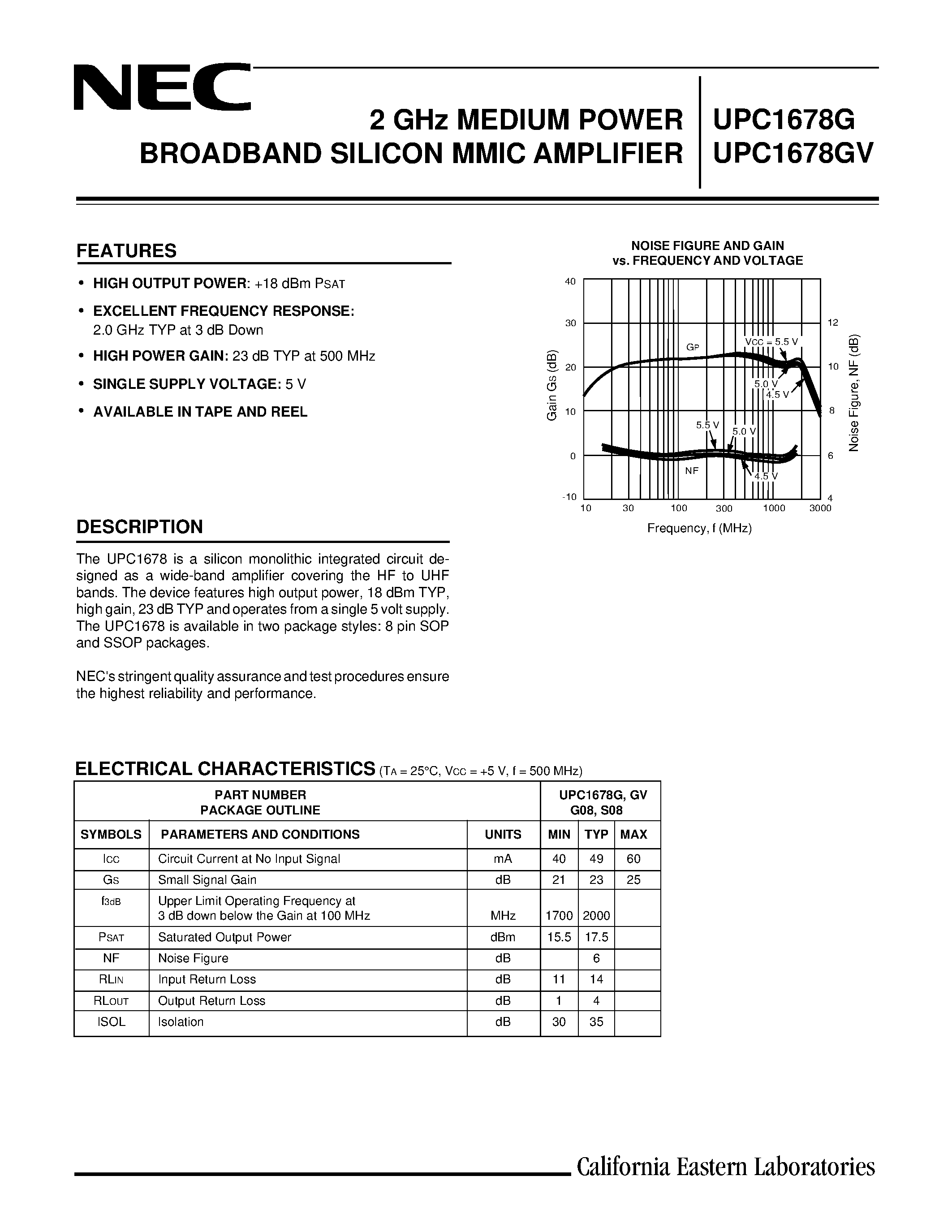 Даташит UPC1678G-E1 - 2 GHz MEDIUM POWER BROADBAND SILICON MMIC AMPLIFIER страница 1