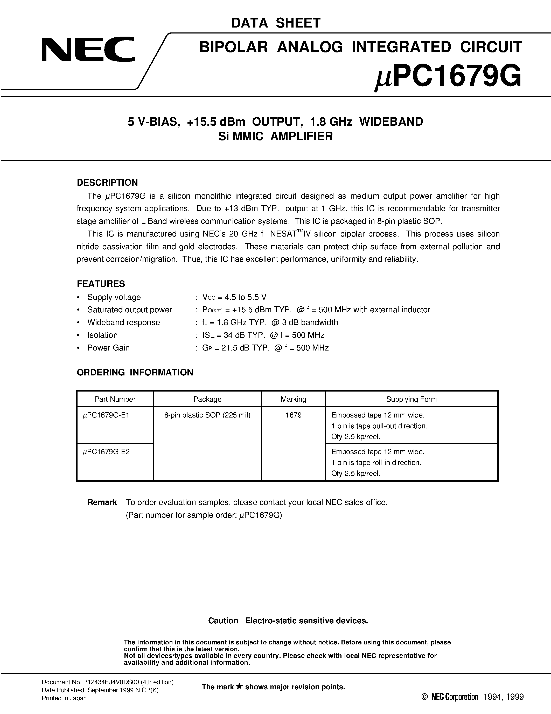 Даташит UPC1679 - 5 V-BIAS/ +5.5 dBm OUTPUT/ 1.8 GHz WIDEBAND Si MMIC AMPLIFIER страница 1