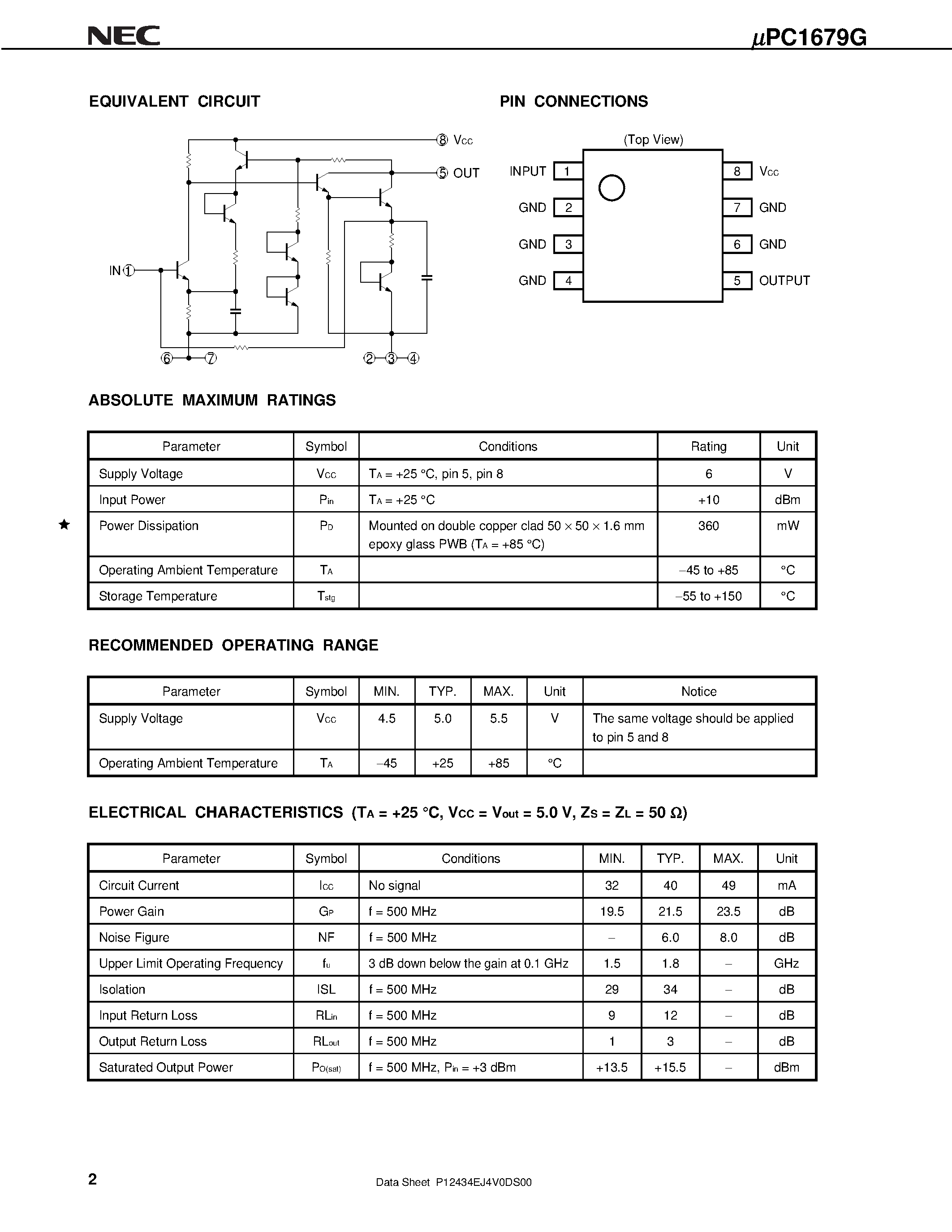 Даташит UPC1679 - 5 V-BIAS/ +5.5 dBm OUTPUT/ 1.8 GHz WIDEBAND Si MMIC AMPLIFIER страница 2