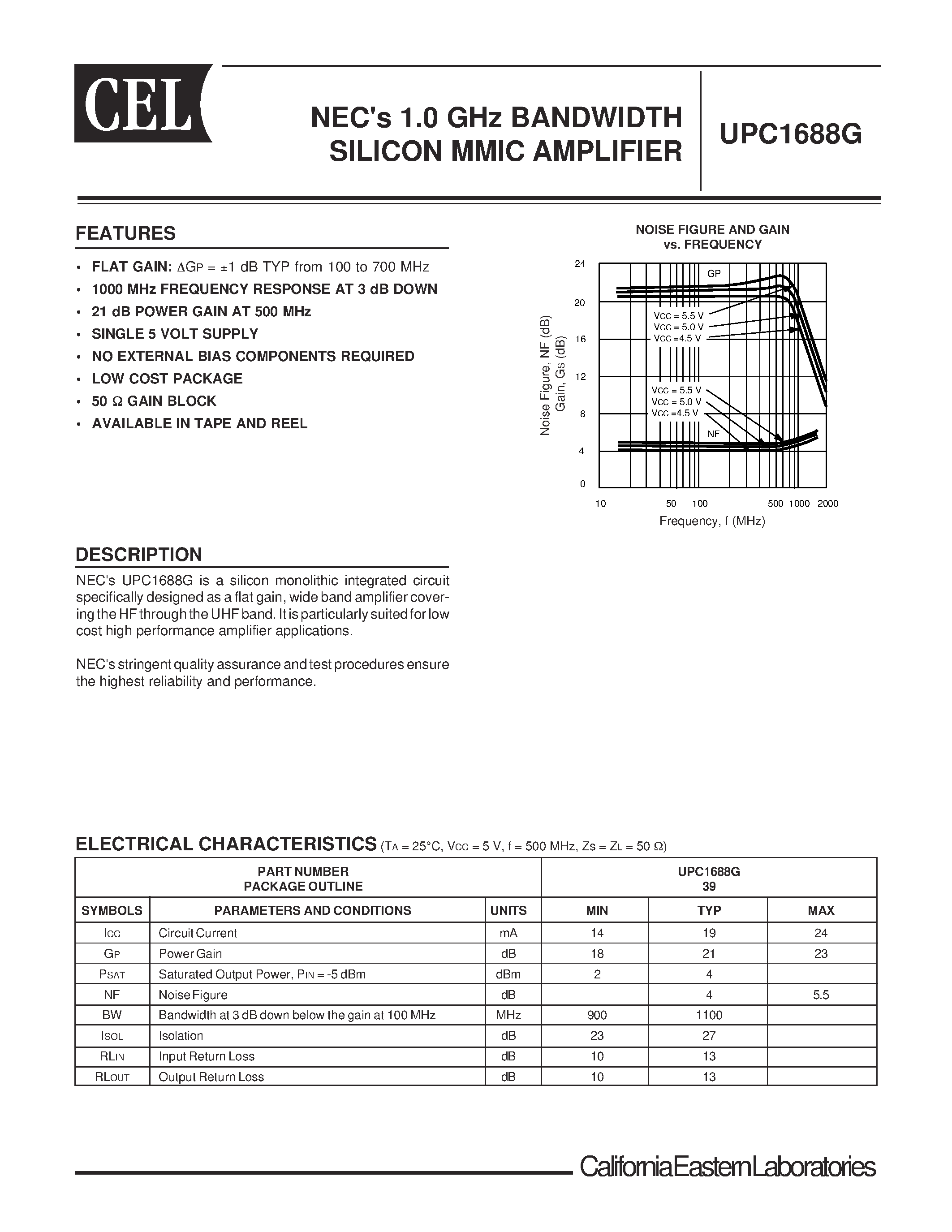 Datasheet UPC1688 - NECs 1.0 GHz BANDWIDTH SILICON MMIC AMPLIFIER page 1