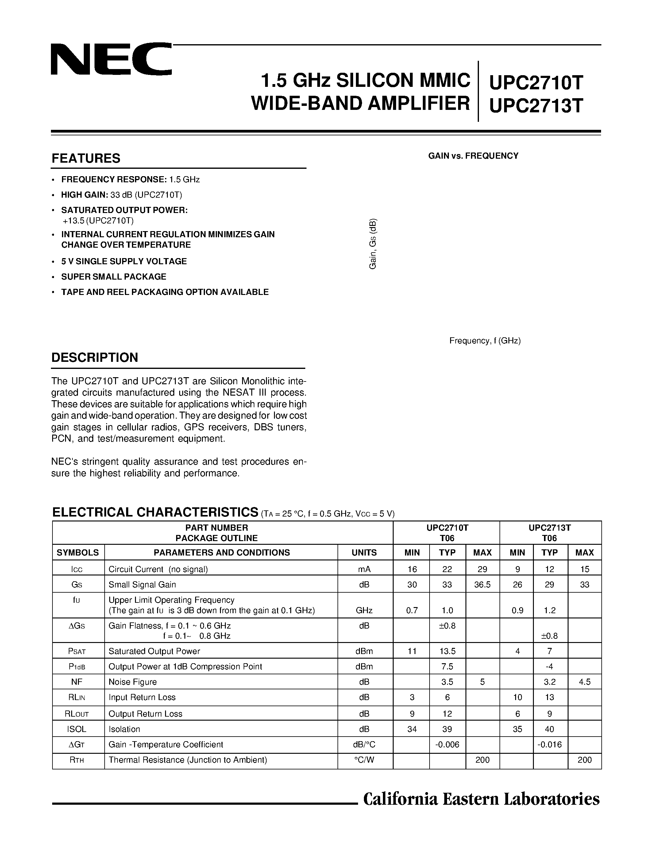 Даташит UPC2710T - 1.5 GHz SILICON MMIC WIDE-BAND AMPLIFIER страница 1