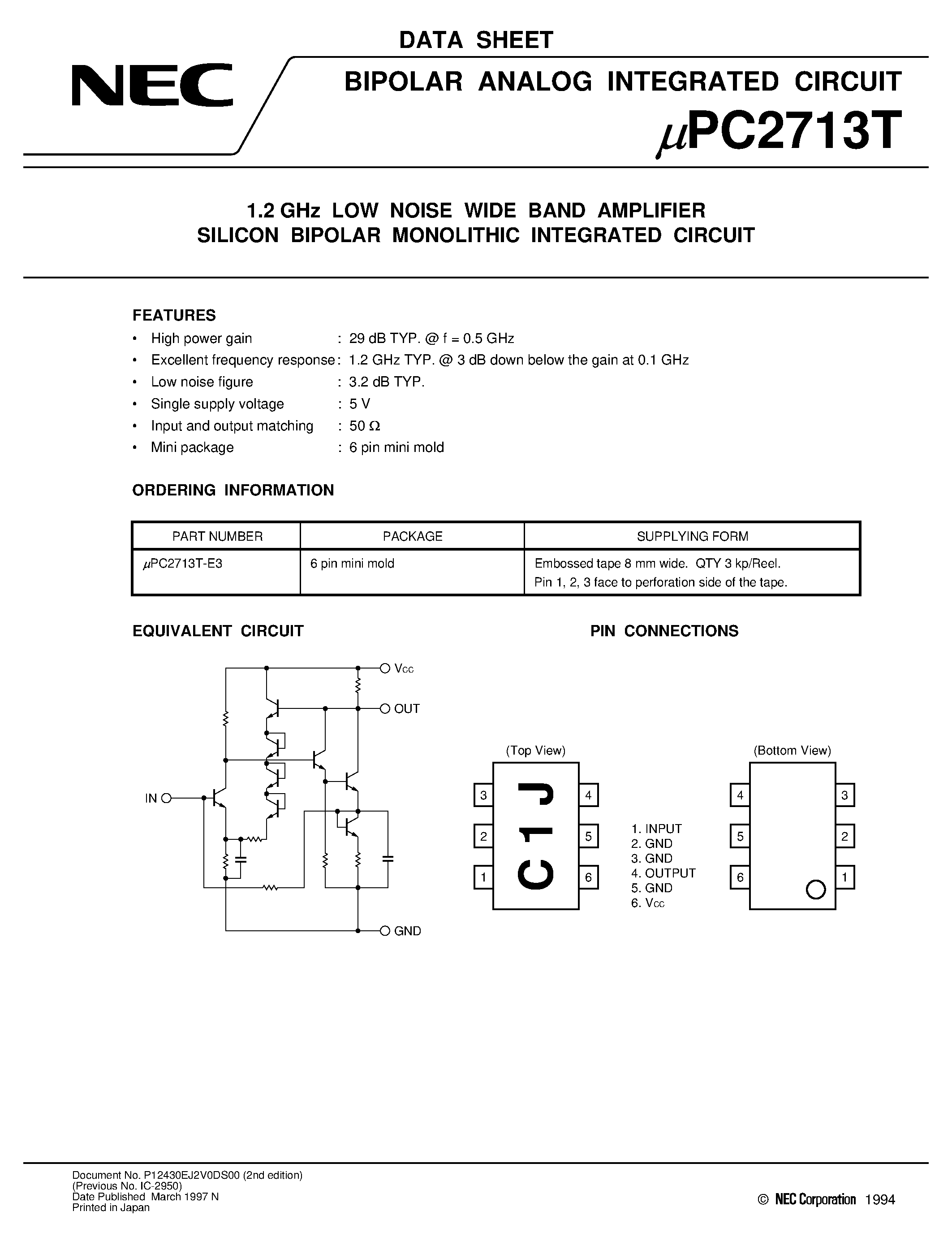 Даташит UPC2713T - 1.5 GHz SILICON MMIC WIDE-BAND AMPLIFIER страница 1