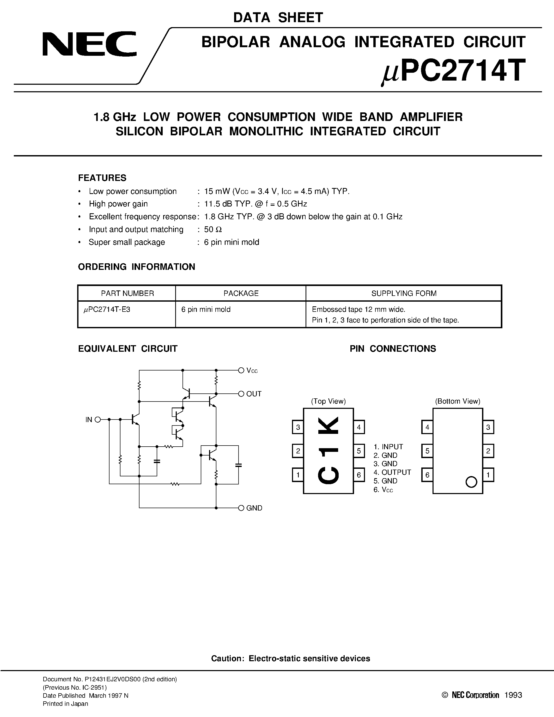 Даташит UPC2714T - 1.8 GHz LOW POWER CONSUMPTION WIDE BAND AMPLIFIER SILICON BIPOLAR MONOLITHIC INTEGRATED CIRCUIT страница 1