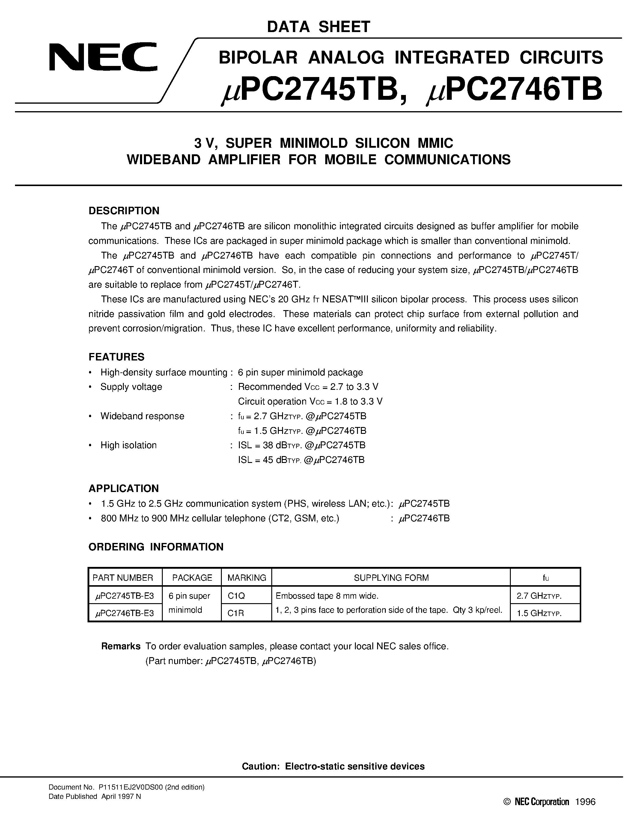 Даташит UPC2745TB - 3 V/ SUPER MINIMOLD SILICON MMIC WIDEBAND AMPLIFIER FOR MOBILE COMMUNICATIONS страница 1