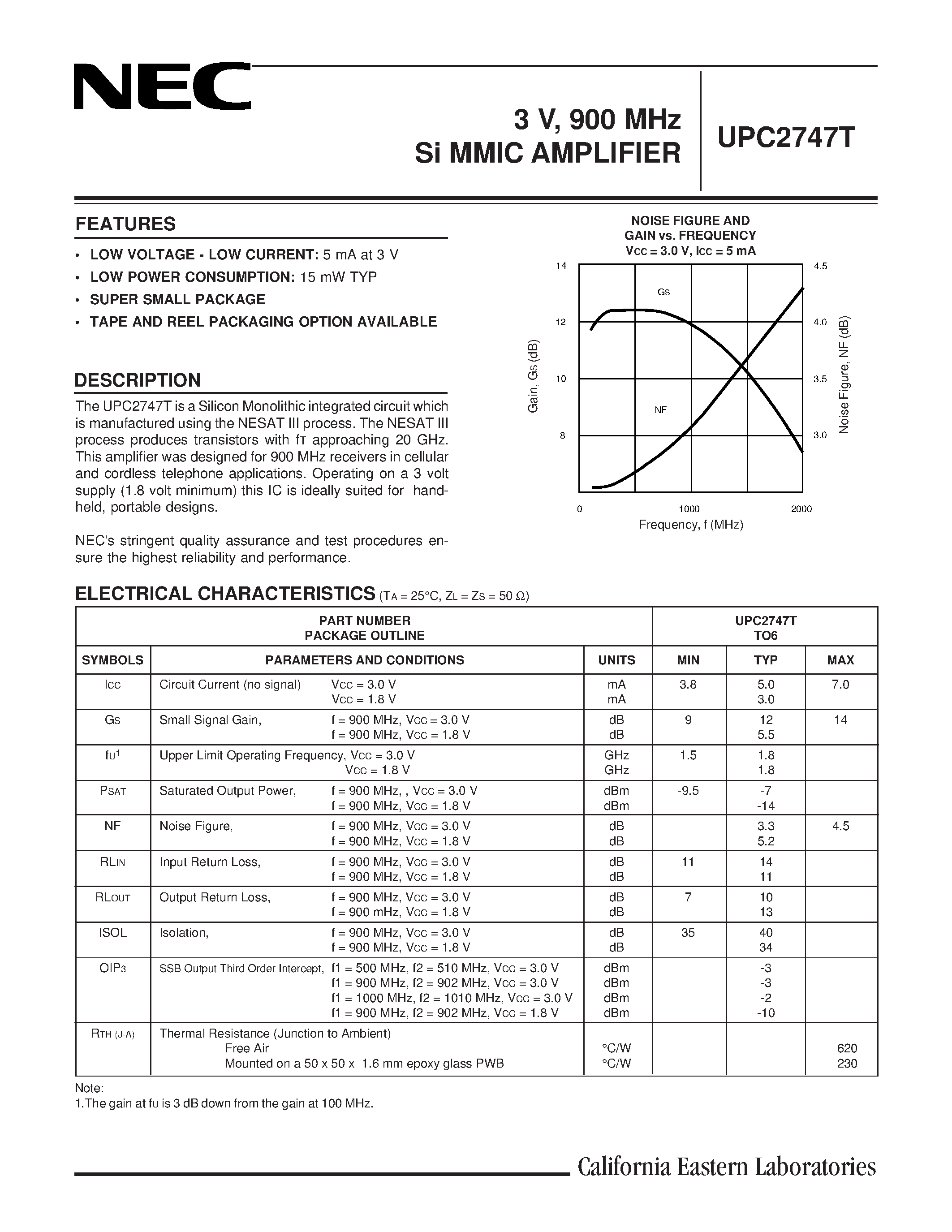 Даташит UPC2747 - 3 V/ 900 MHz Si MMIC AMPLIFIER страница 1