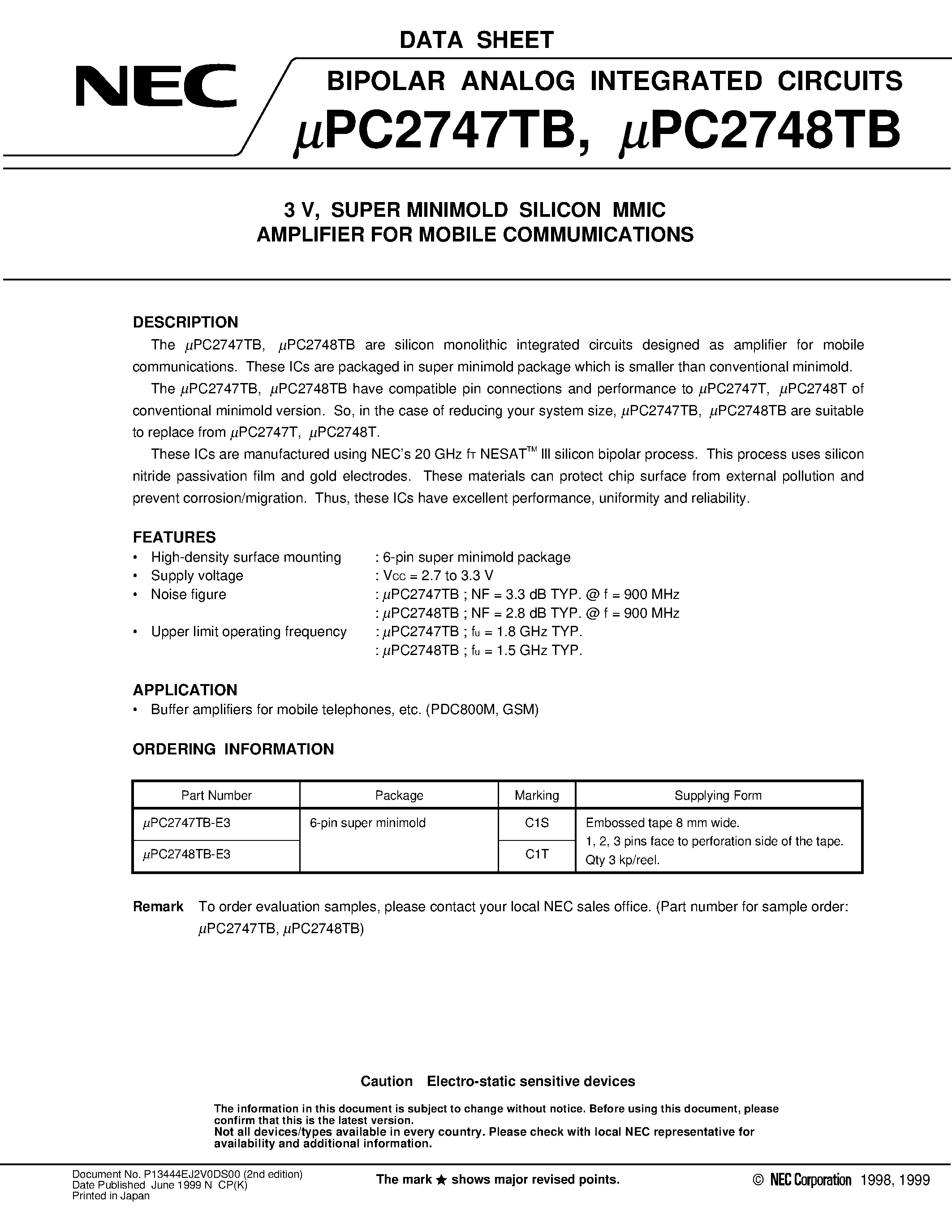 Даташит UPC2748TB - 3 V/ SUPER MINIMOLD SILICON MMIC AMPLIFIER FOR MOBILE COMMUMICATIONS страница 1