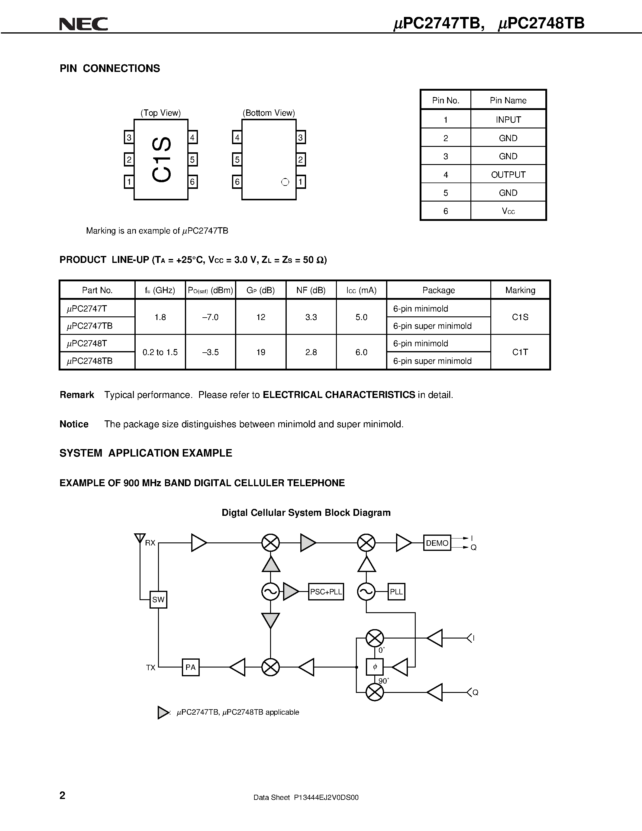 Даташит UPC2748TB - 3 V/ SUPER MINIMOLD SILICON MMIC AMPLIFIER FOR MOBILE COMMUMICATIONS страница 2