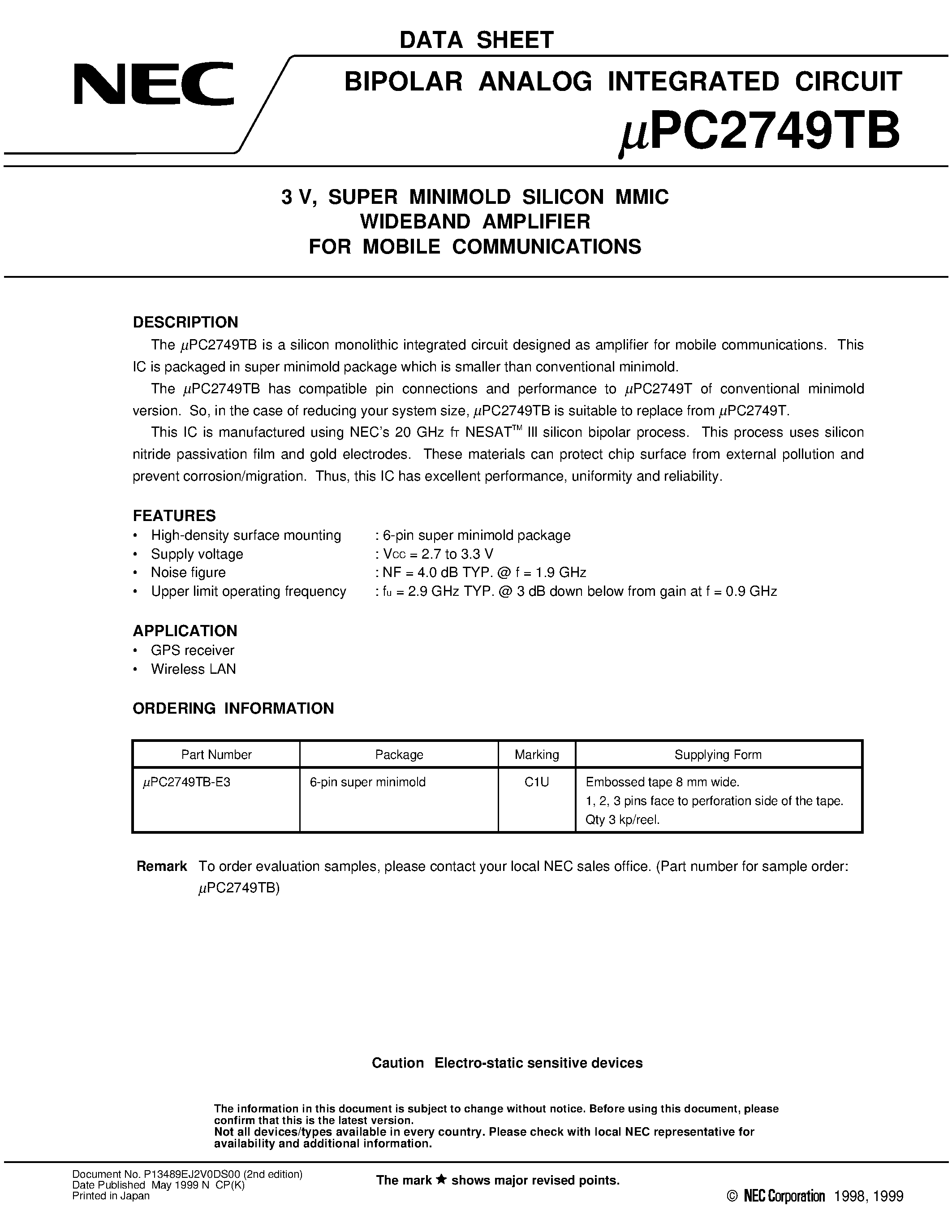 Даташит UPC2749TB - 3 V/ SUPER MINIMOLD SILICON MMIC WIDEBAND AMPLIFIER FOR MOBILE COMMUNICATIONS страница 1