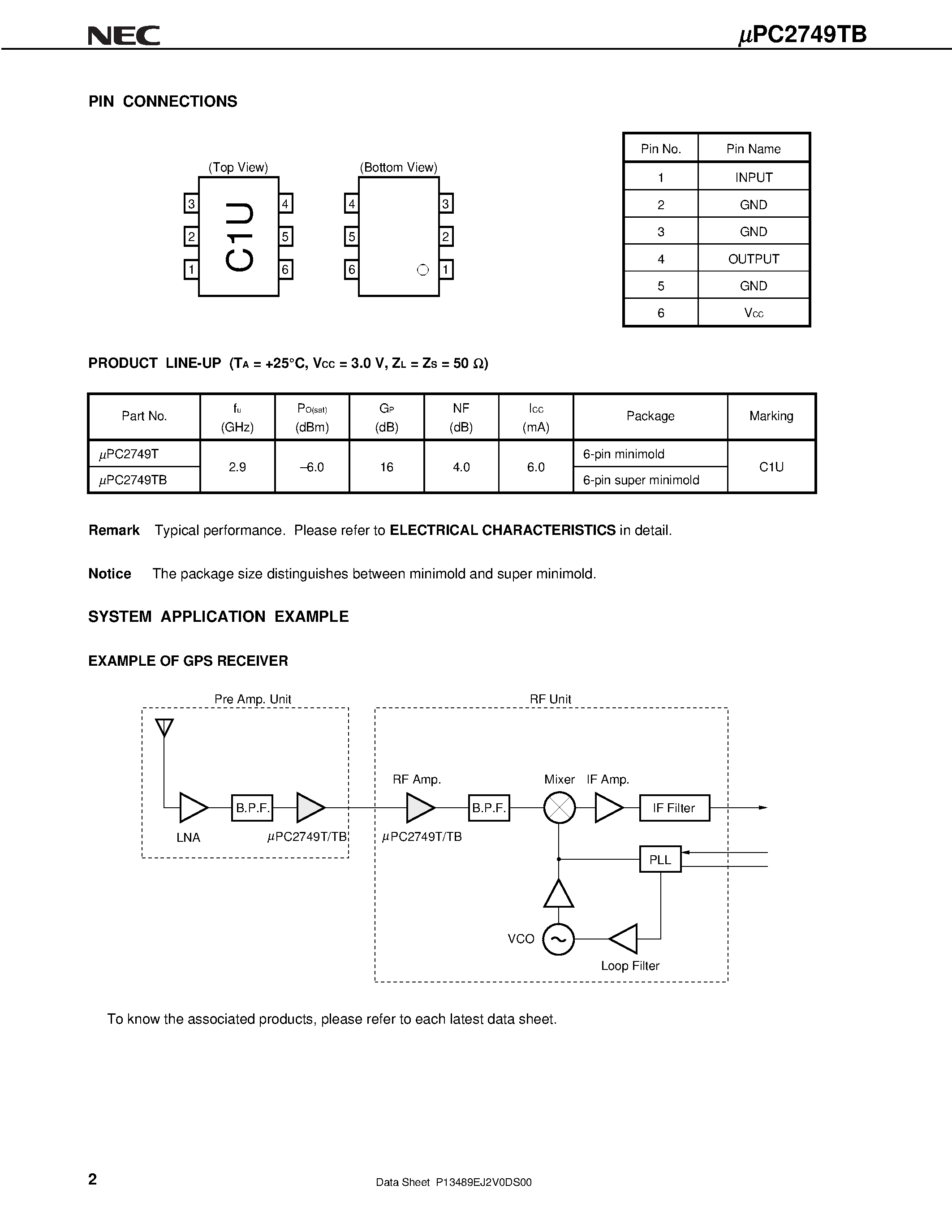 Даташит UPC2749TB - 3 V/ SUPER MINIMOLD SILICON MMIC WIDEBAND AMPLIFIER FOR MOBILE COMMUNICATIONS страница 2