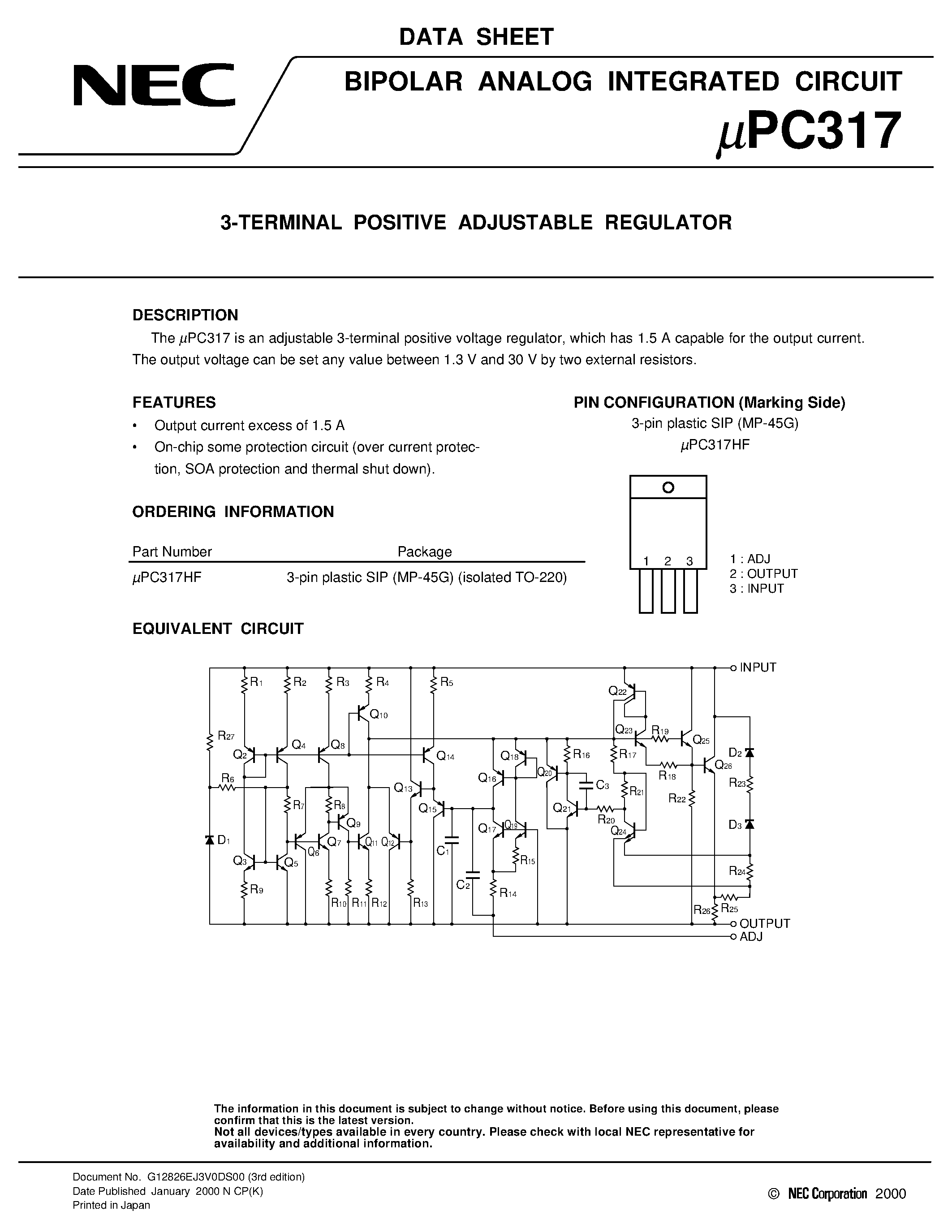 Даташит UPC317 - 3-TERMINAL POSITIVE ADJUSTABLE REGULATOR страница 1