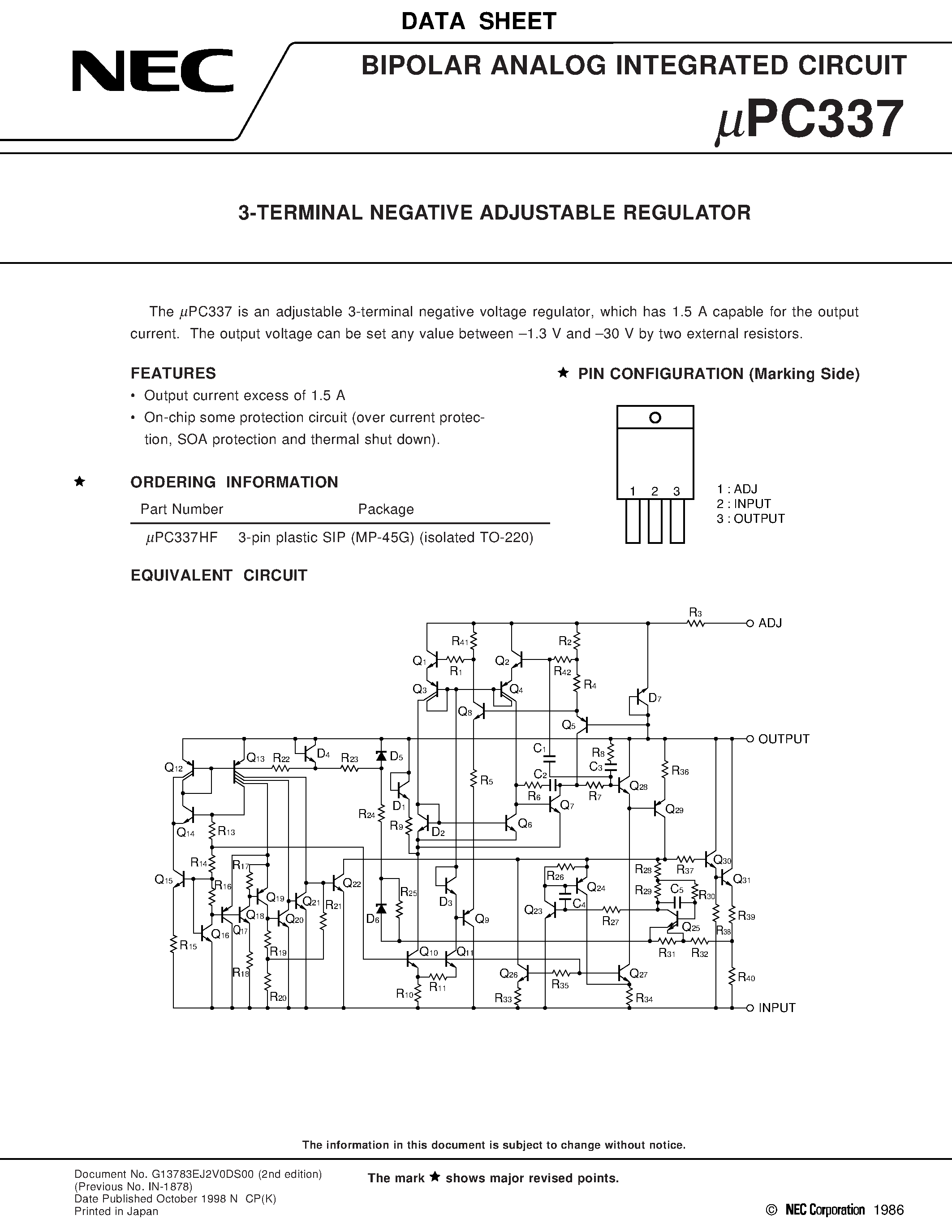 Даташит UPC337 - 3-TERMINAL NEGATIVE ADJUSTABLE REGULATOR страница 1