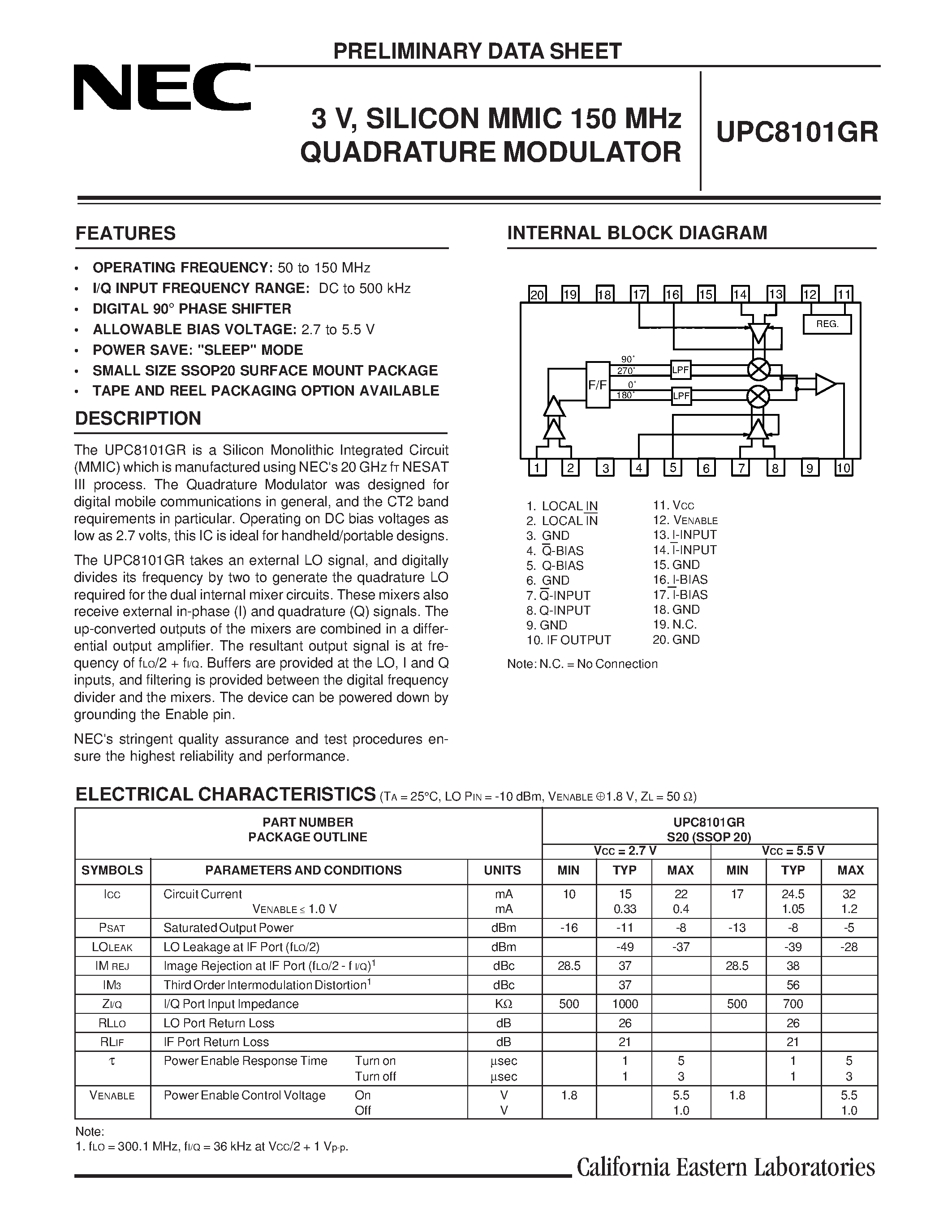 Даташит UPC8101 - 1 GHz DIRECT QUADRATURE MODULATOR FOR DIGITAL MOBILE COMMUNICATION страница 1