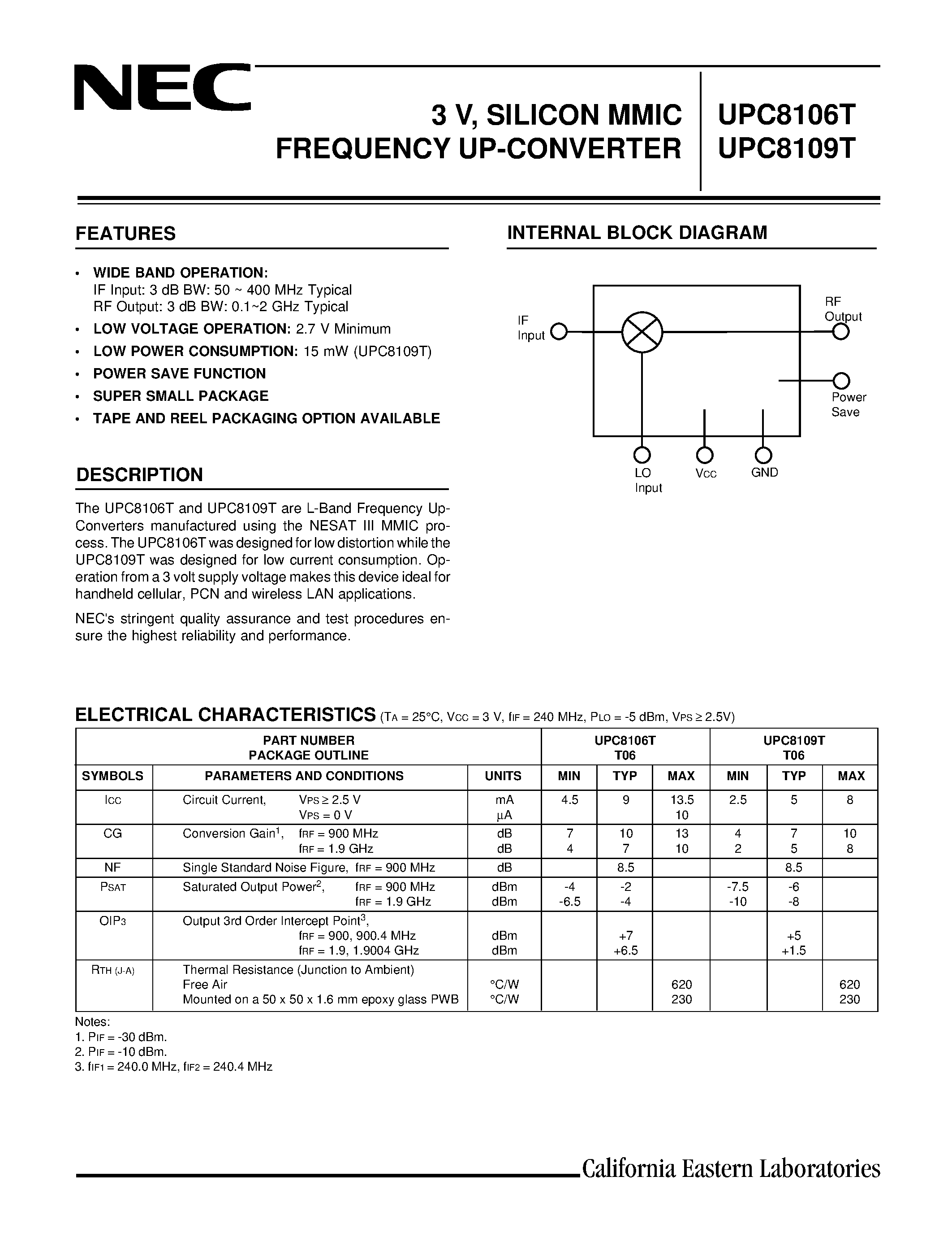 Даташит UPC8106T - 3 V/ SILICON MMIC FREQUENCY UP-CONVERTER страница 1