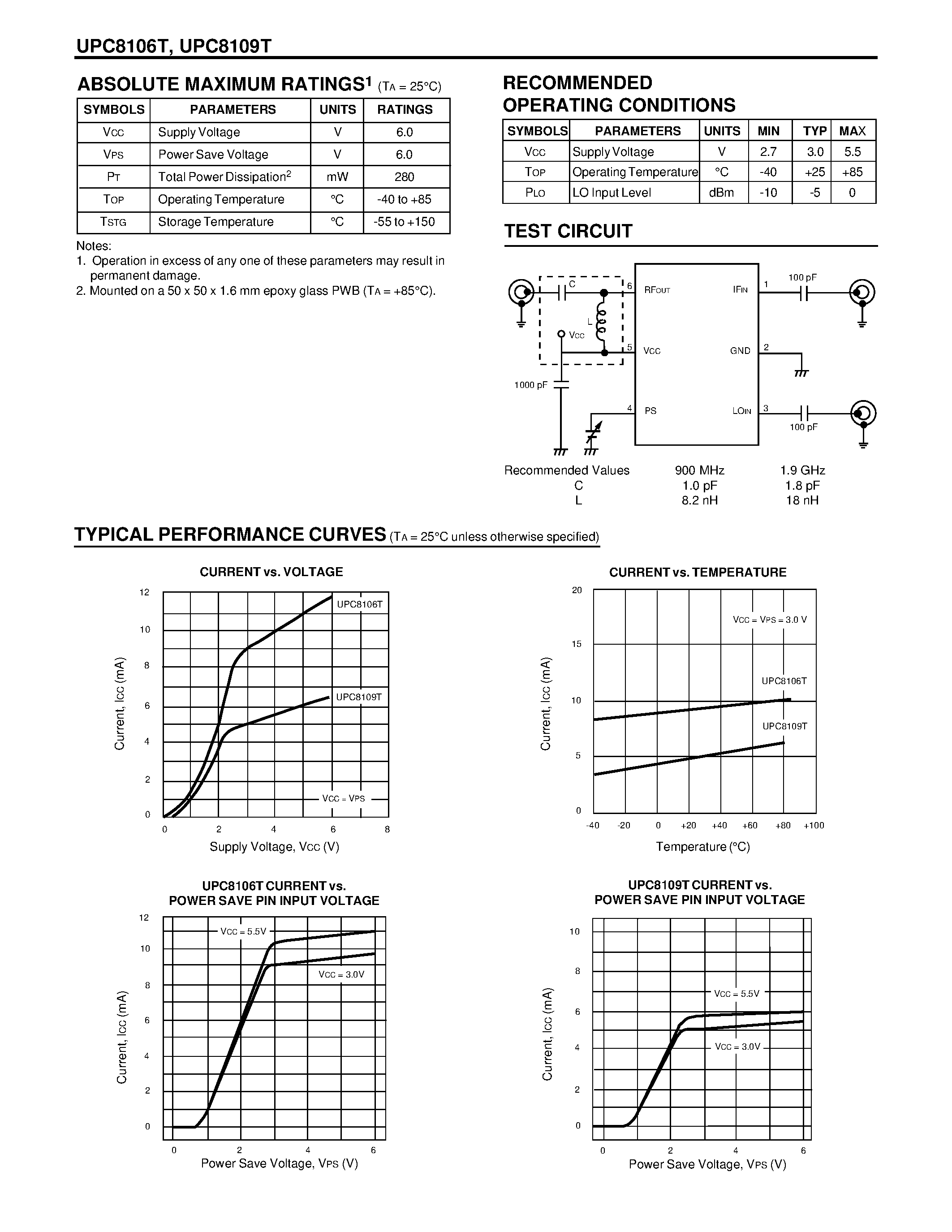 Даташит UPC8106T - 3 V/ SILICON MMIC FREQUENCY UP-CONVERTER страница 2