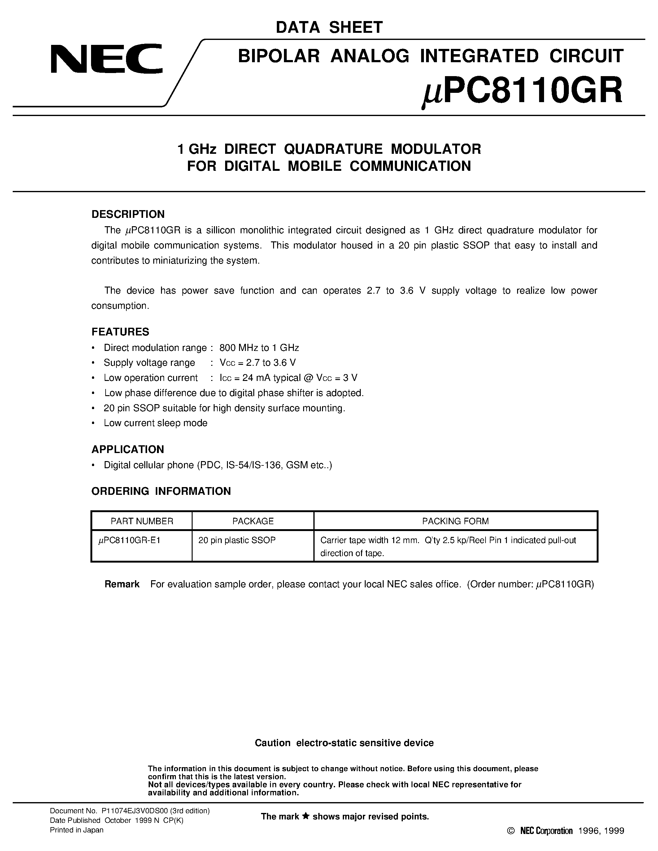 Даташит UPC8110GR-E1 - 1 GHz DIRECT QUADRATURE MODULATOR FOR DIGITAL MOBILE COMMUNICATION страница 1