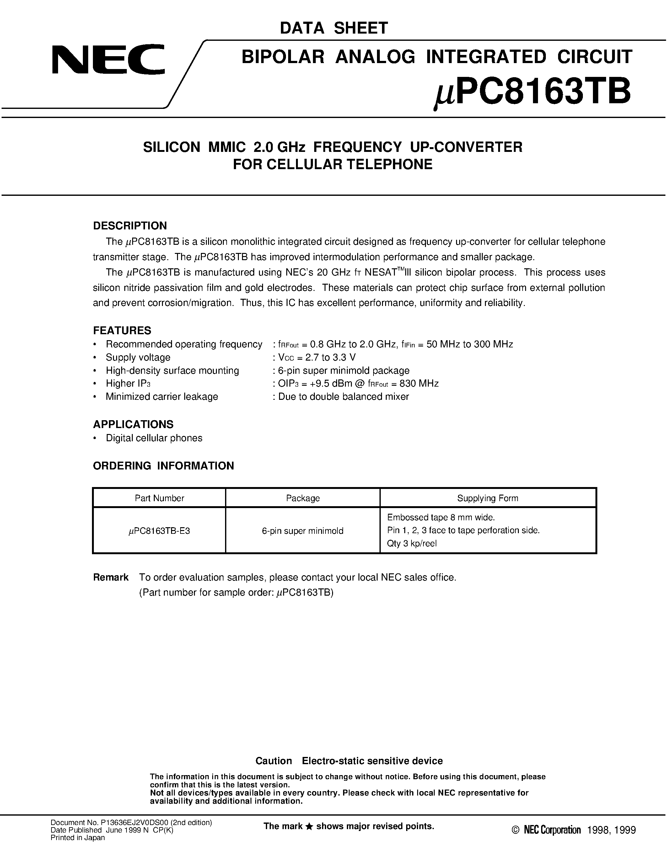 Даташит UPC8163TB - SILICON MMIC 2.5 GHz FREQUENCY UP-CONVERTER FOR WIRELESS TRANSCEIVER страница 1