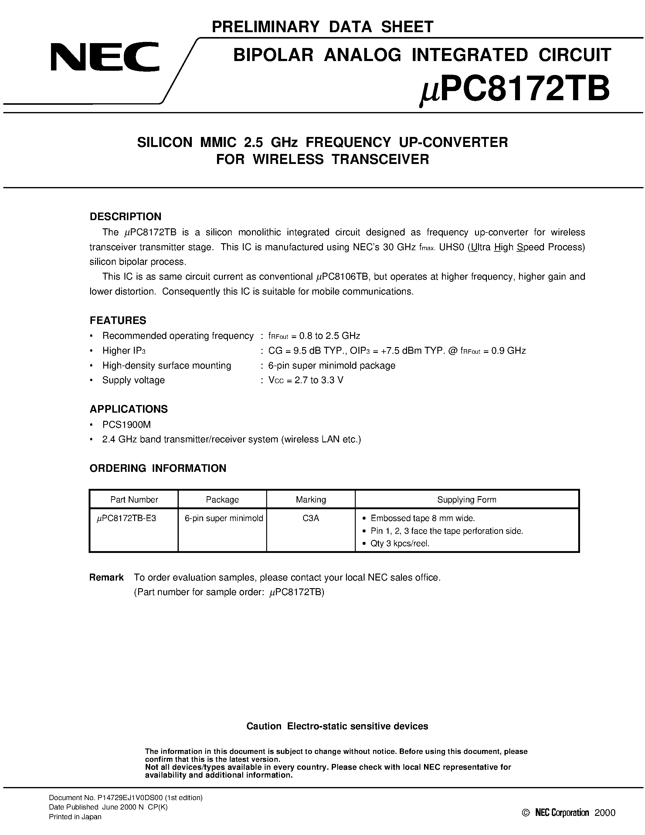 Даташит UPC8172TB - SILICON MMIC 2.5 GHz FREQUENCY UP-CONVERTER FOR WIRELESS TRANSCEIVER страница 1