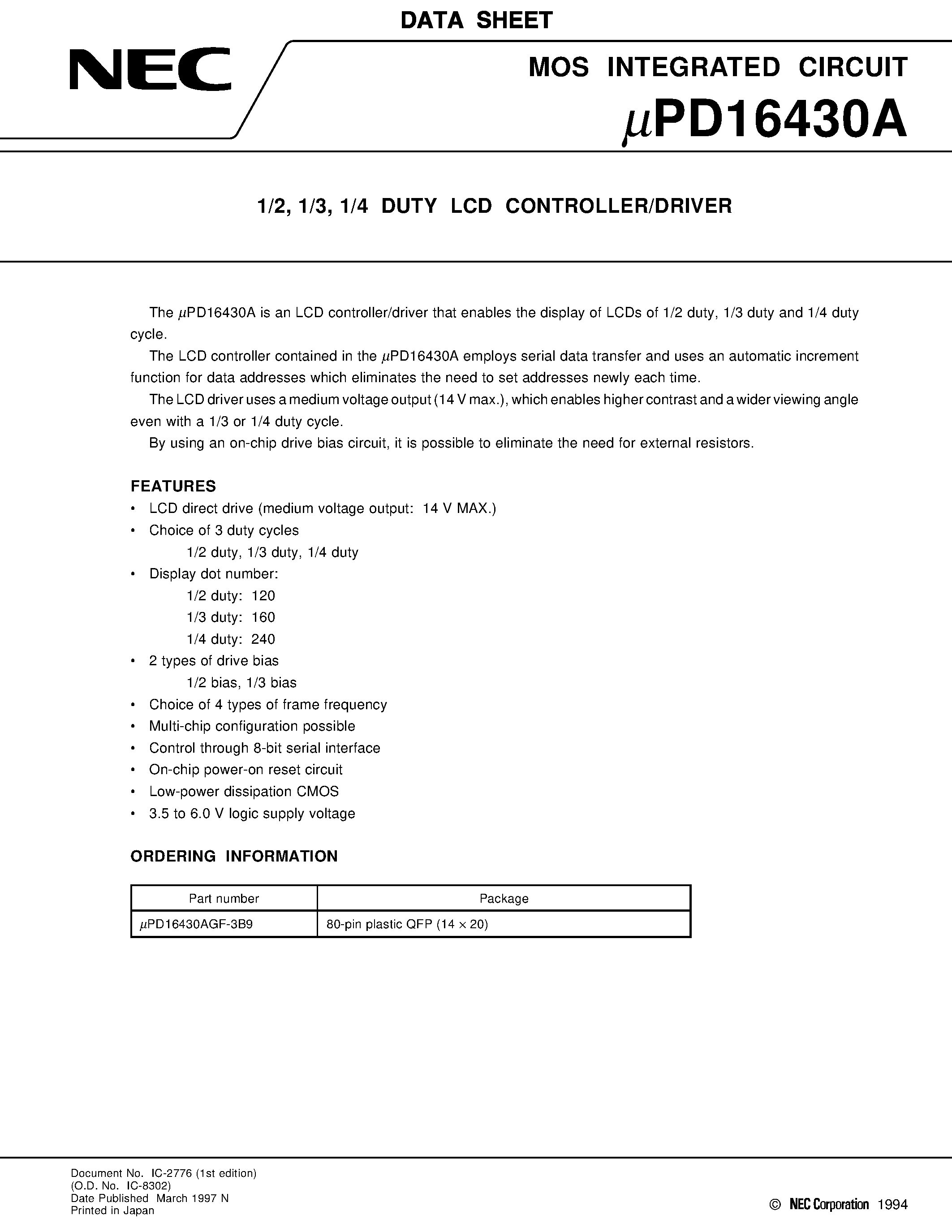 Даташит UPD16430A - 1/2/ 1/3/ 1/4 DUTY LCD CONTROLLER/DRIVER страница 1