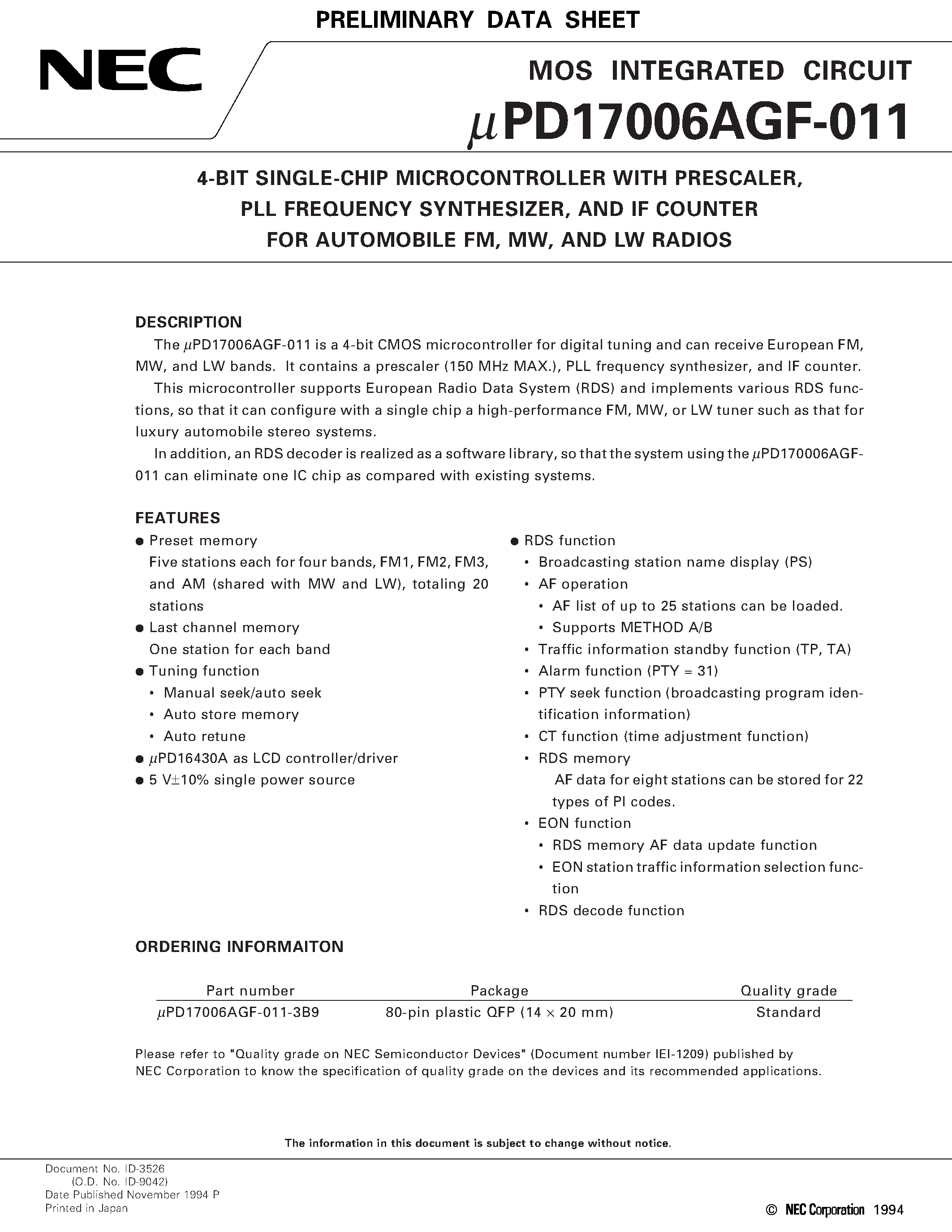 Datasheet UPD17006AGF-011 - 4-BIT SINGLE-CHIP MICROCONTROLLER WITH PRESCALER/ PLL FREQUENCY SYNTHESIZER/ AND IF COUNTER FOR AUTOMOBILE FM/ MW/ AND LW RADIOS page 1