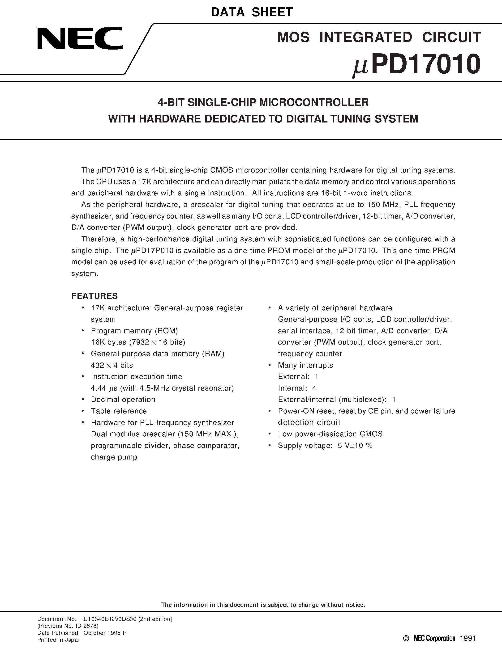 Datasheet UPD17010 - 4-BIT SINGLE-CHIP MICROCONTROLLER WITH HARDWARE DEDICATED TO DIGITAL TUNING SYSTEM page 1