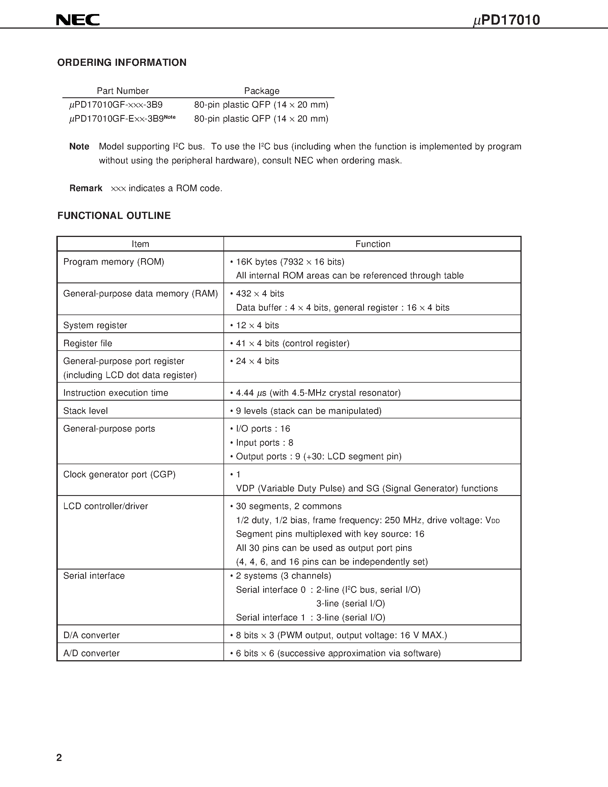 Datasheet UPD17010 - 4-BIT SINGLE-CHIP MICROCONTROLLER WITH HARDWARE DEDICATED TO DIGITAL TUNING SYSTEM page 2