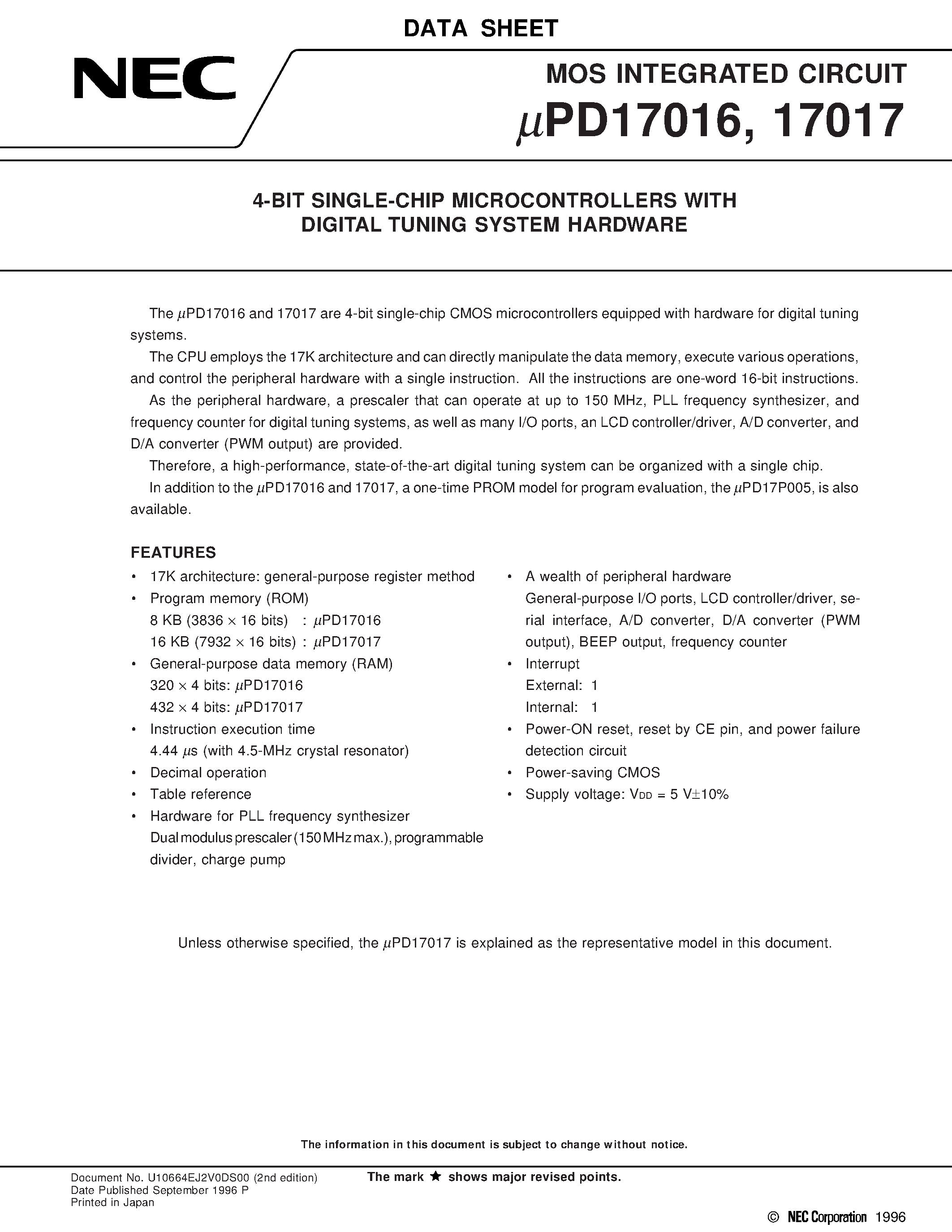 Datasheet UPD17016 - 4-BIT SINGLE-CHIP MICROCONTROLLERS WITH DIGITAL TUNING SYSTEM HARDWARE page 1