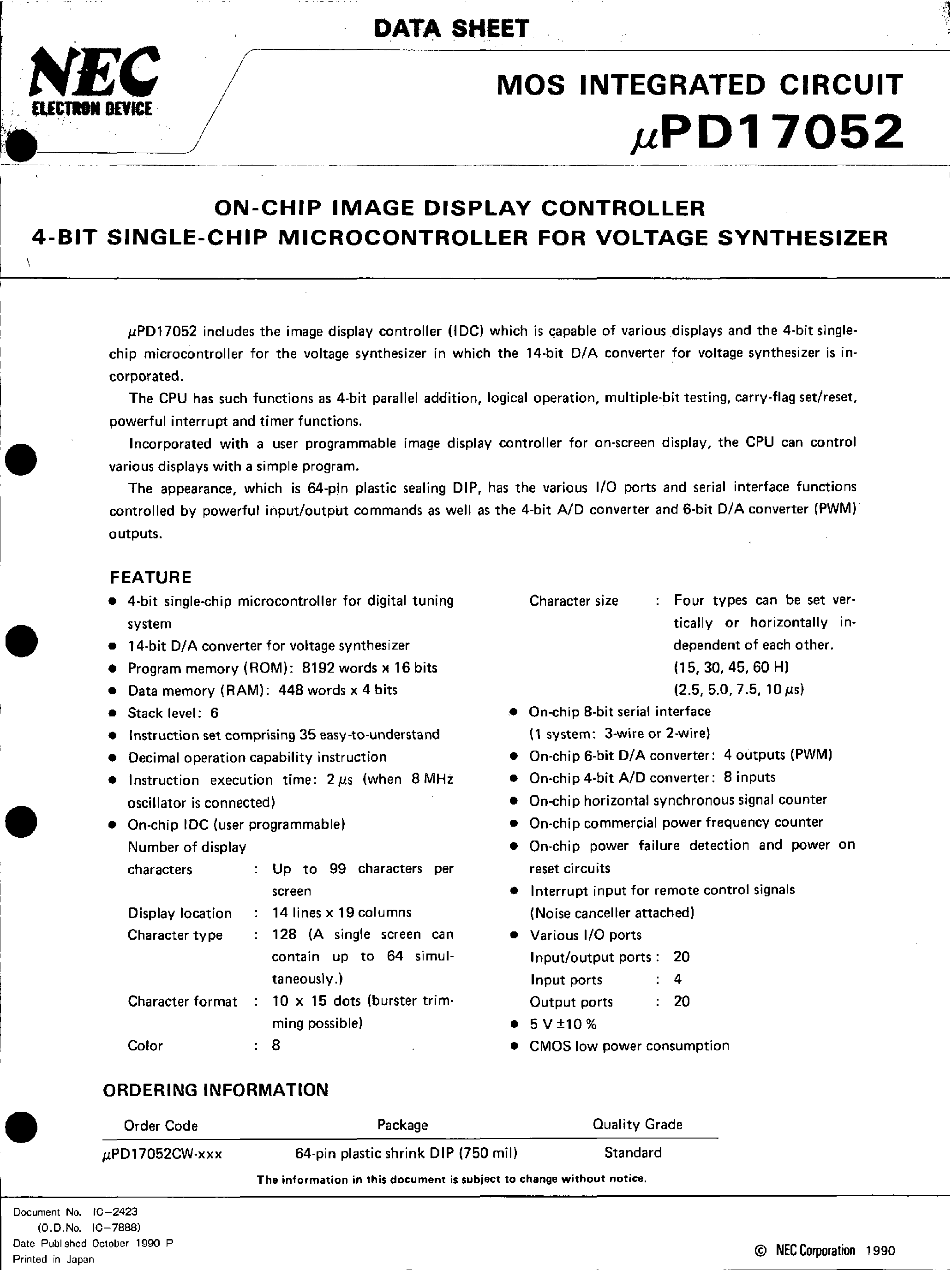 Datasheet UPD17052 - ON-CHIP IMAGE DISPLAY CONTROLLER 4-BIT SINGLE-CHIP MICROCONTROLLER FOR VOLTAGE SYNTHESIZER page 1