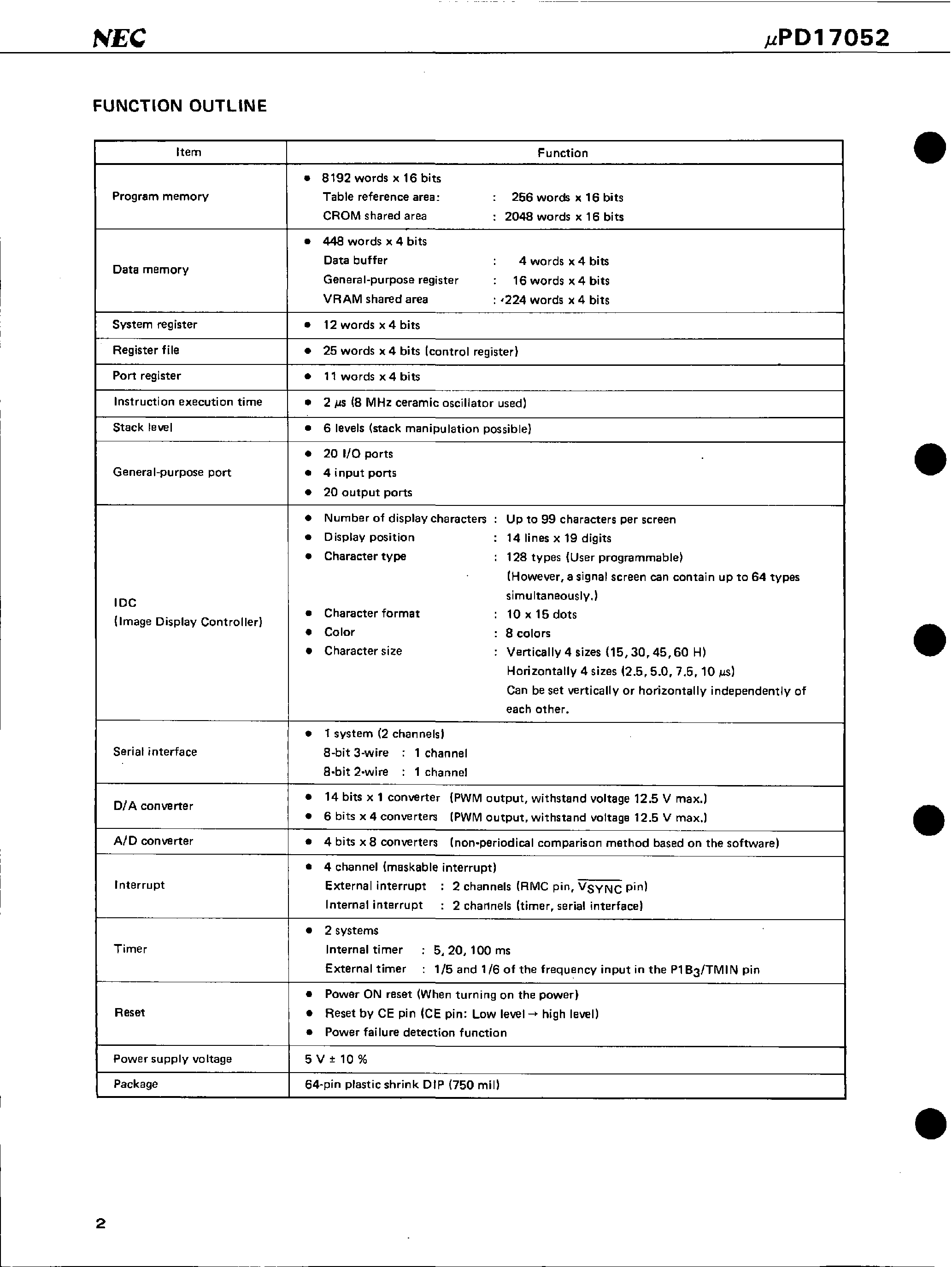 Datasheet UPD17052 - ON-CHIP IMAGE DISPLAY CONTROLLER 4-BIT SINGLE-CHIP MICROCONTROLLER FOR VOLTAGE SYNTHESIZER page 2