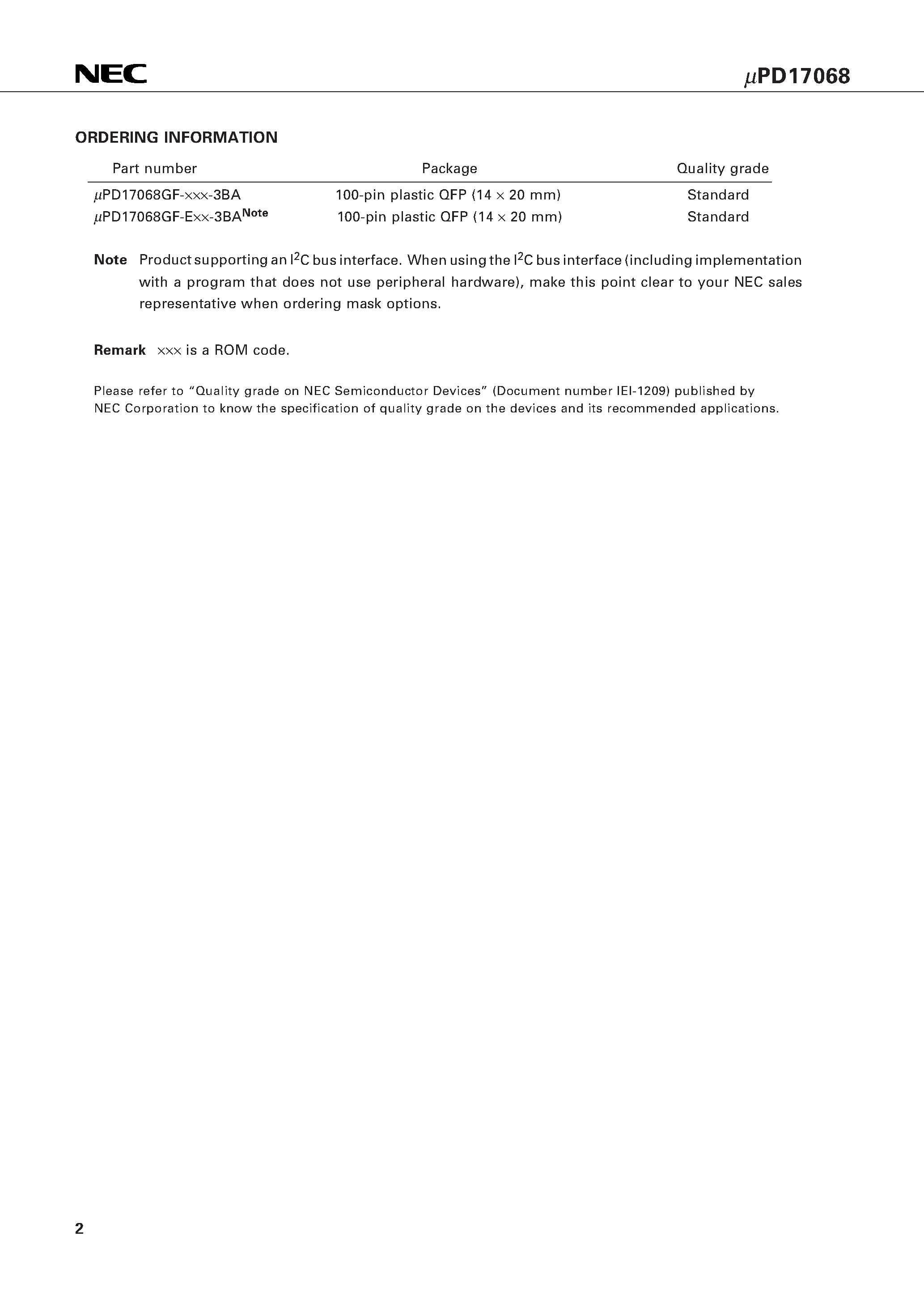 Datasheet UPD17068 - 4-BIT SINGLE-CHIP MICROCONTROLLER CONTAINING IMAGE DISPLAY CONTROLLER AND PLL FREQUENCY SYNTHESIZER FOR DIGITAL TUNING SYSTEMS page 2