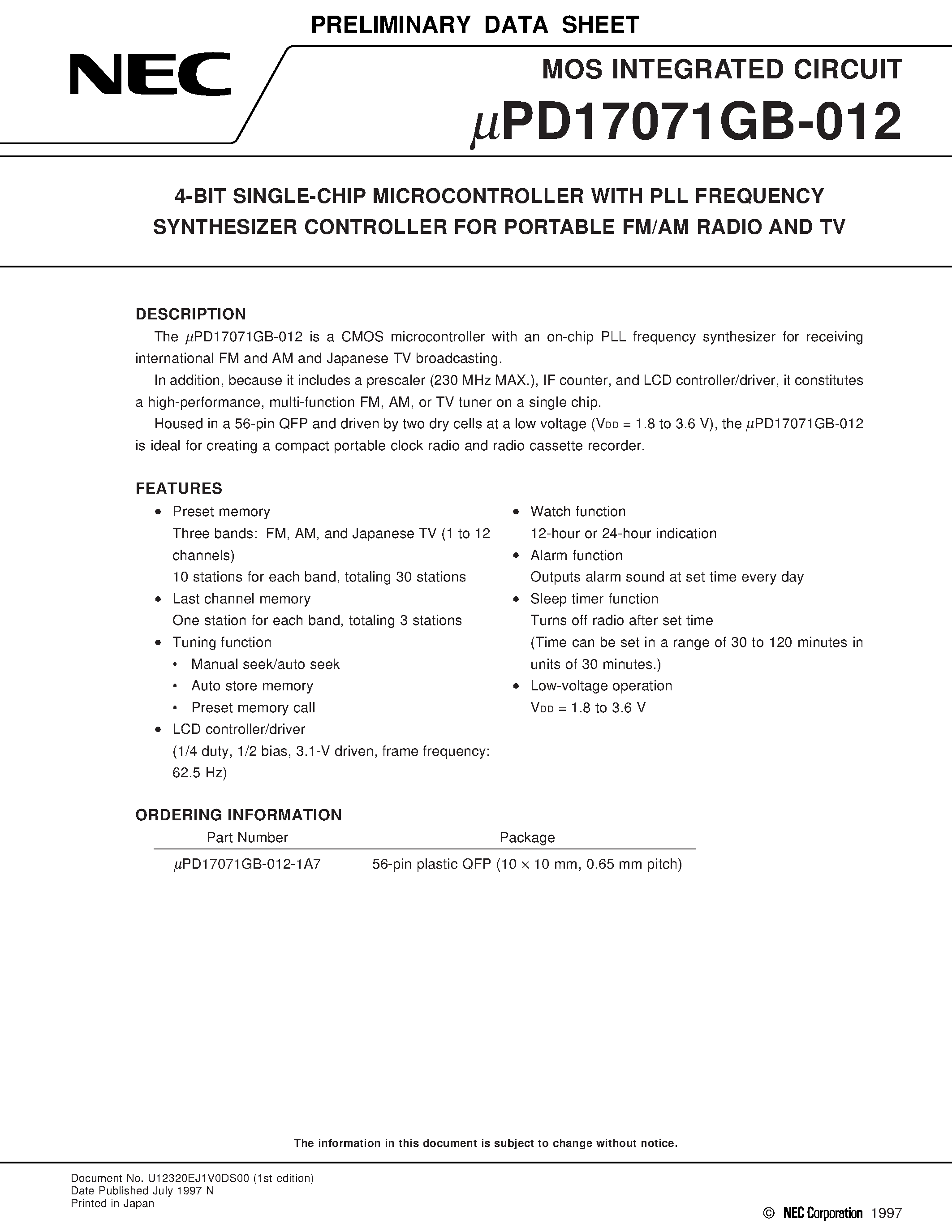 Datasheet UPD17071GB-012 - 4-BIT SINGLE-CHIP MICROCONTROLLER WITH PLL FREQUENCY SYNTHESIZER CONTROLLER FOR PORTABLE FM/AM RADIO AND TV page 1