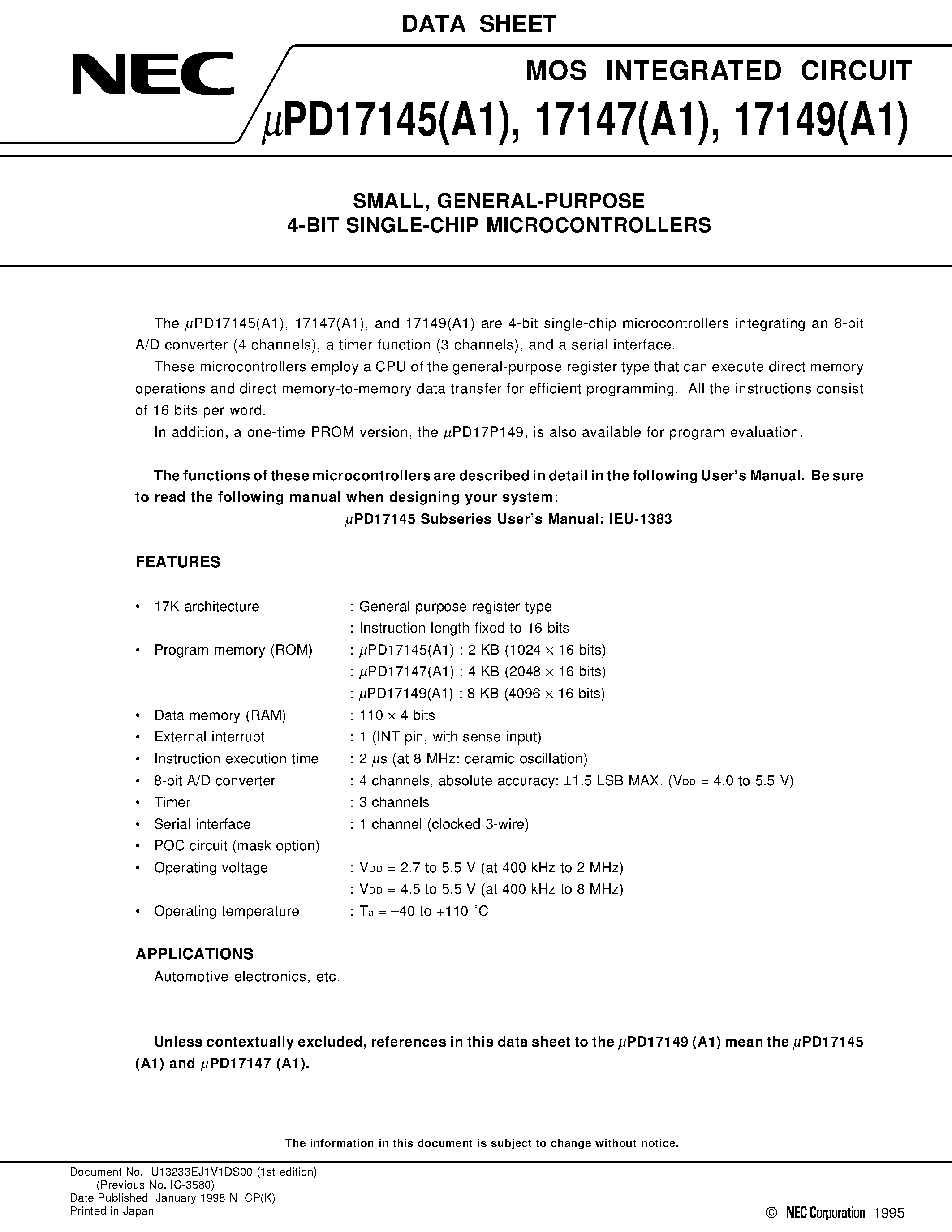 Datasheet UPD17145CTA1 - SMALL/ GENERAL-PURPOSE 4-BIT SINGLE-CHIP MICROCONTROLLERS page 1