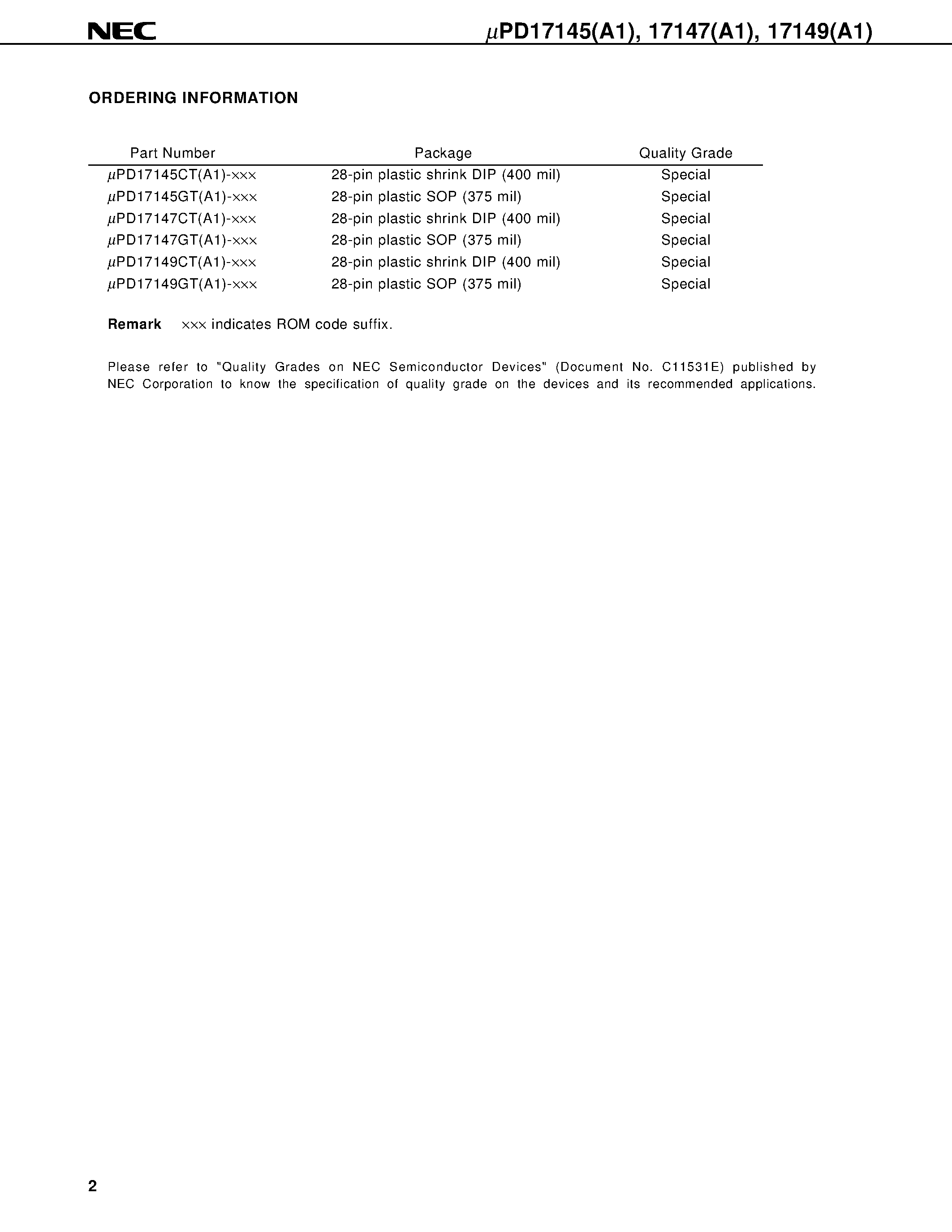 Datasheet UPD17145CTA1 - SMALL/ GENERAL-PURPOSE 4-BIT SINGLE-CHIP MICROCONTROLLERS page 2