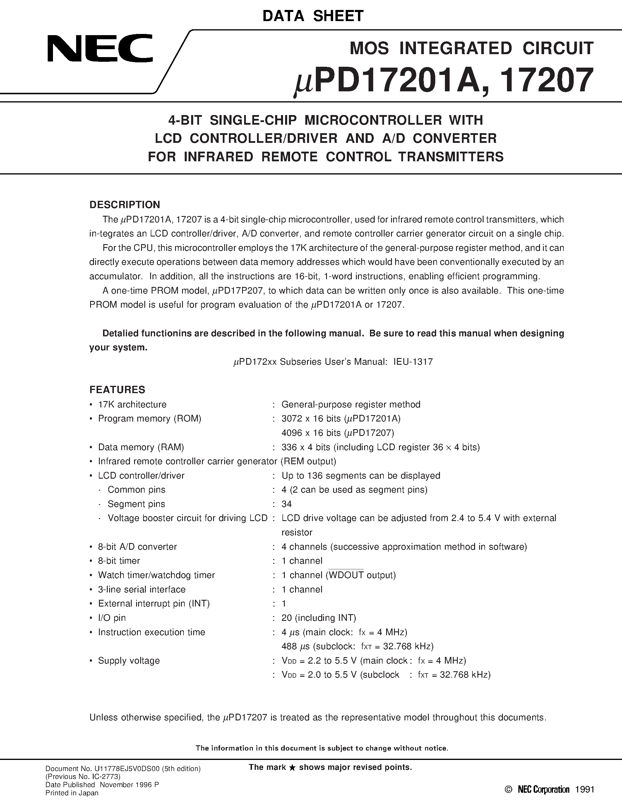 Datasheet UPD17201A - 4-BIT SINGLE-CHIP MICROCONTROLLER WITH LCD CONTROLLER/DRIVER AND A/D CONVERTER FOR INFRARED REMOTE CONTROL TRANSMITTERS page 1