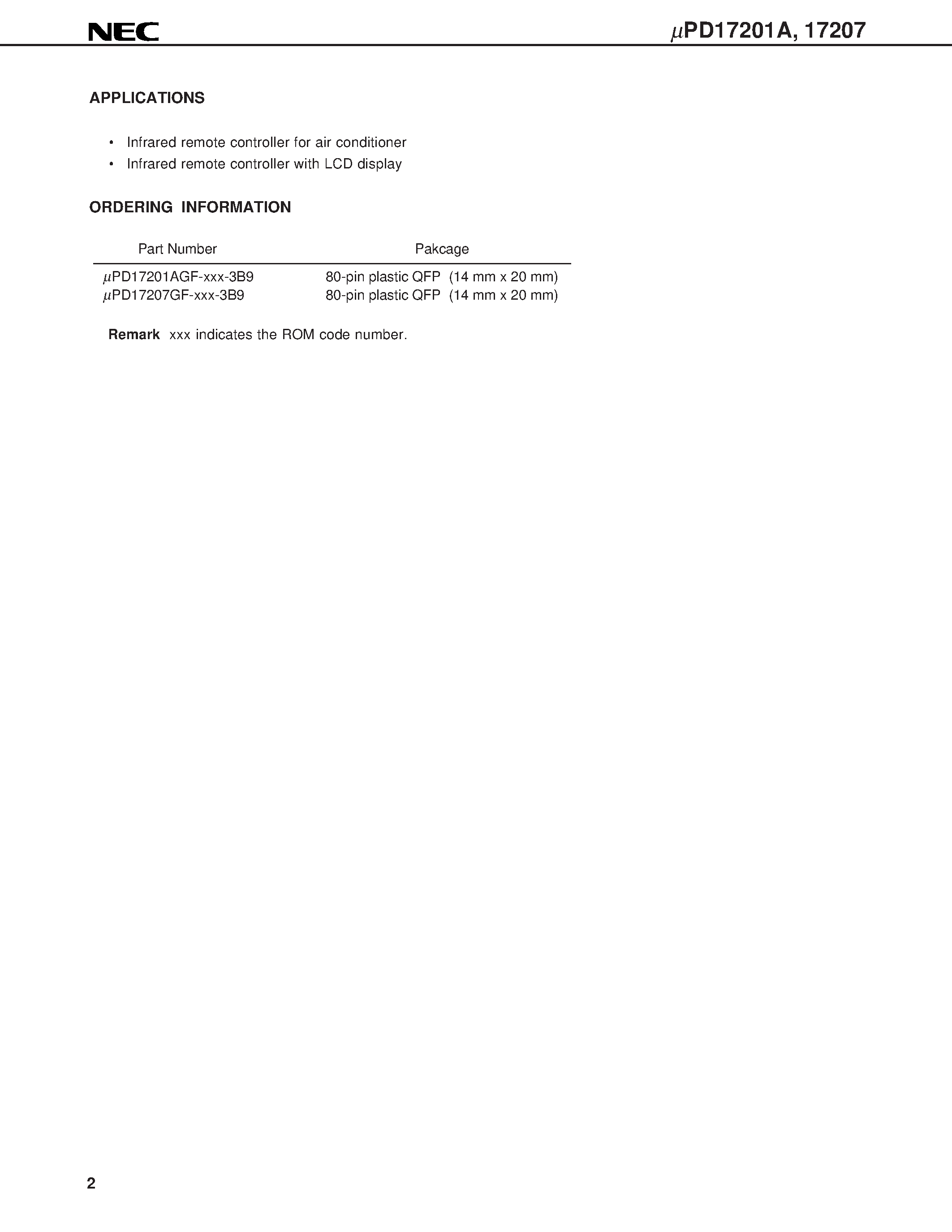 Datasheet UPD17201A - 4-BIT SINGLE-CHIP MICROCONTROLLER WITH LCD CONTROLLER/DRIVER AND A/D CONVERTER FOR INFRARED REMOTE CONTROL TRANSMITTERS page 2