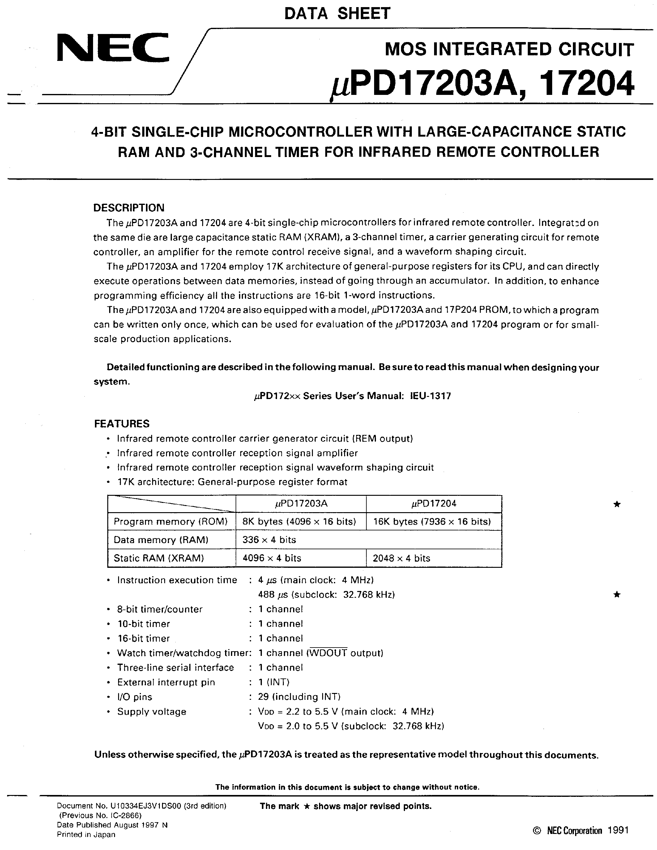 Datasheet UPD17203A - 4-BIT SINGLE-CHIP MICROCONTROLLER WITH LARGE-CAPACITANCE STATIC RAM AND 3-CHANNEL TIMER FOR INFRARED REMOTE CONTROLLER page 1