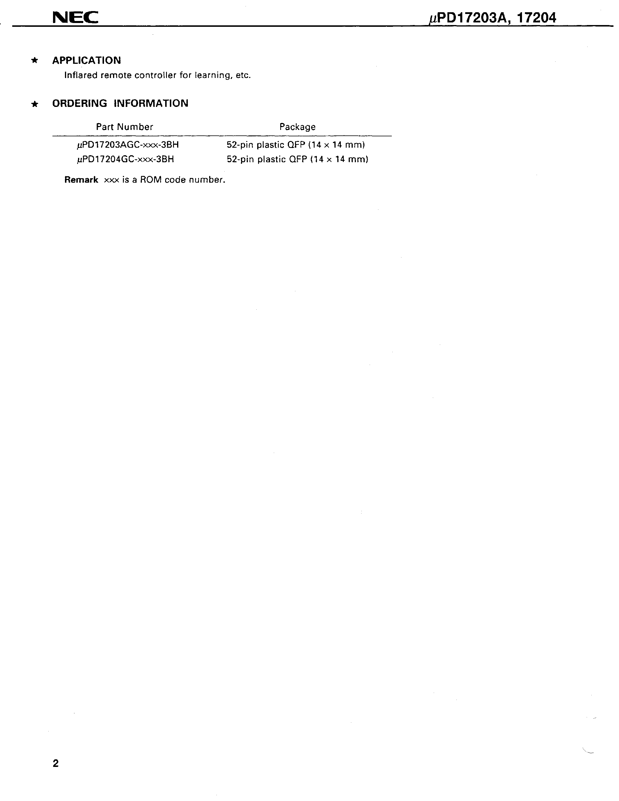 Datasheet UPD17203A - 4-BIT SINGLE-CHIP MICROCONTROLLER WITH LARGE-CAPACITANCE STATIC RAM AND 3-CHANNEL TIMER FOR INFRARED REMOTE CONTROLLER page 2