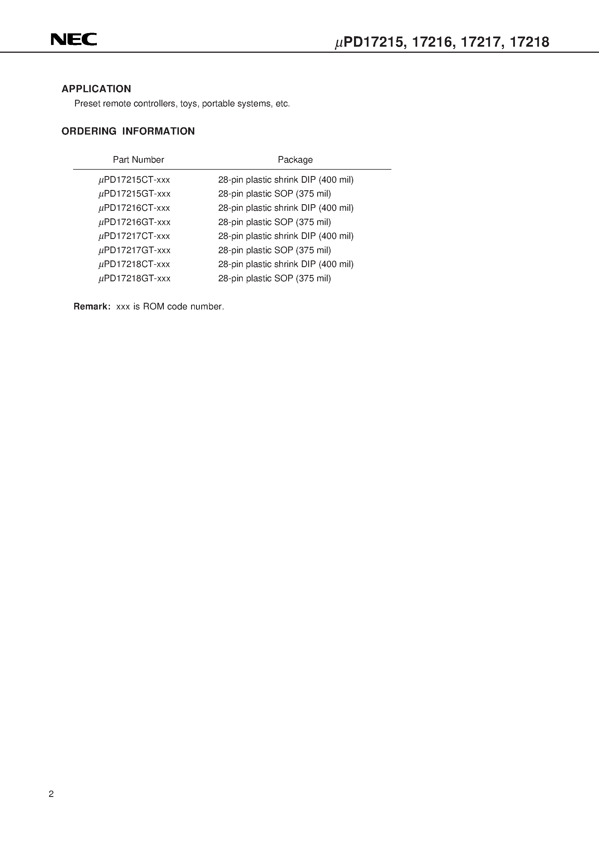 Datasheet UPD17215GT - 4-BIT SINGLE-CHIP MICROCONTROLLER FOR SMALL GENERAL-PURPOSE INFRARED REMOTE CONTROL TRANSMITTER page 2