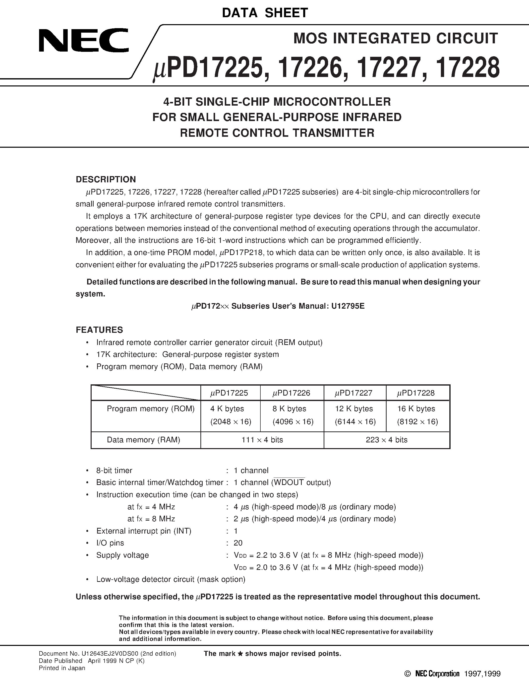 Datasheet UPD17225 - 4-BIT SINGLE-CHIP MICROCONTROLLER FOR SMALL GENERAL-PURPOSE INFRARED REMOTE CONTROL TRANSMITTER page 1