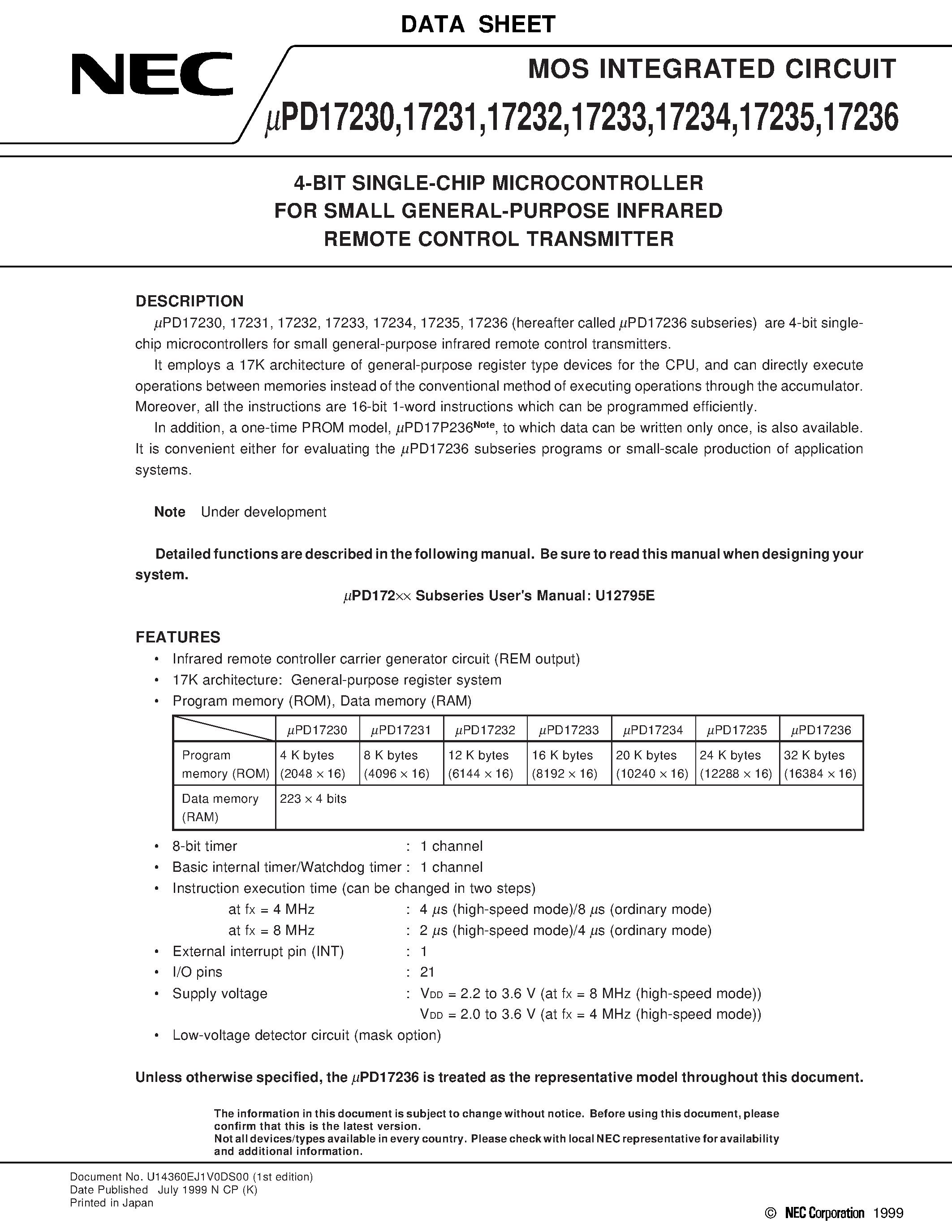 Datasheet UPD17235GT - 4-BIT SINGLE-CHIP MICROCONTROLLER FOR SMALL GENERAL-PURPOSE INFRARED REMOTE CONTROL TRANSMITTER page 1