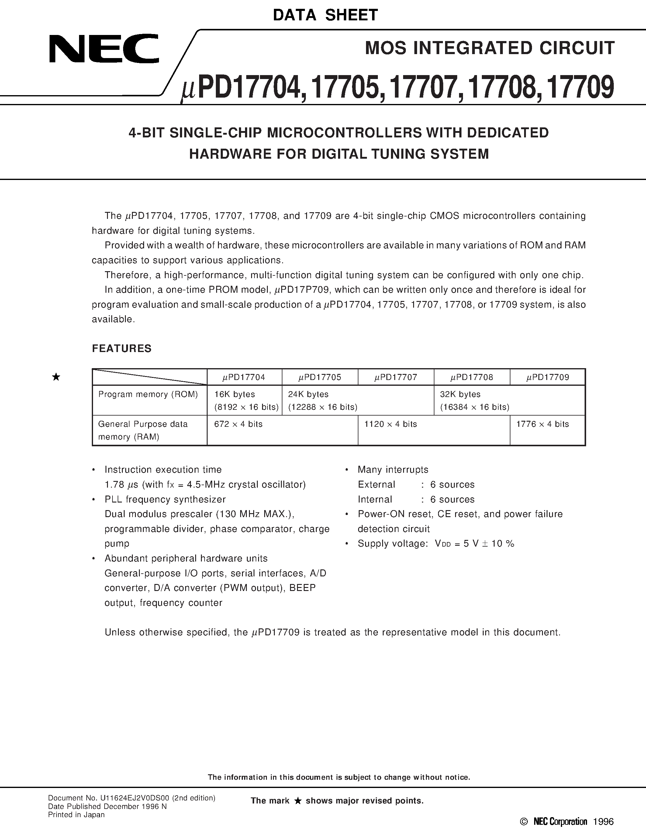 Datasheet UPD17704 - 4-BIT SINGLE-CHIP MICROCONTROLLERS WITH DEDICATED HARDWARE FOR DIGITAL TUNING SYSTEM page 1