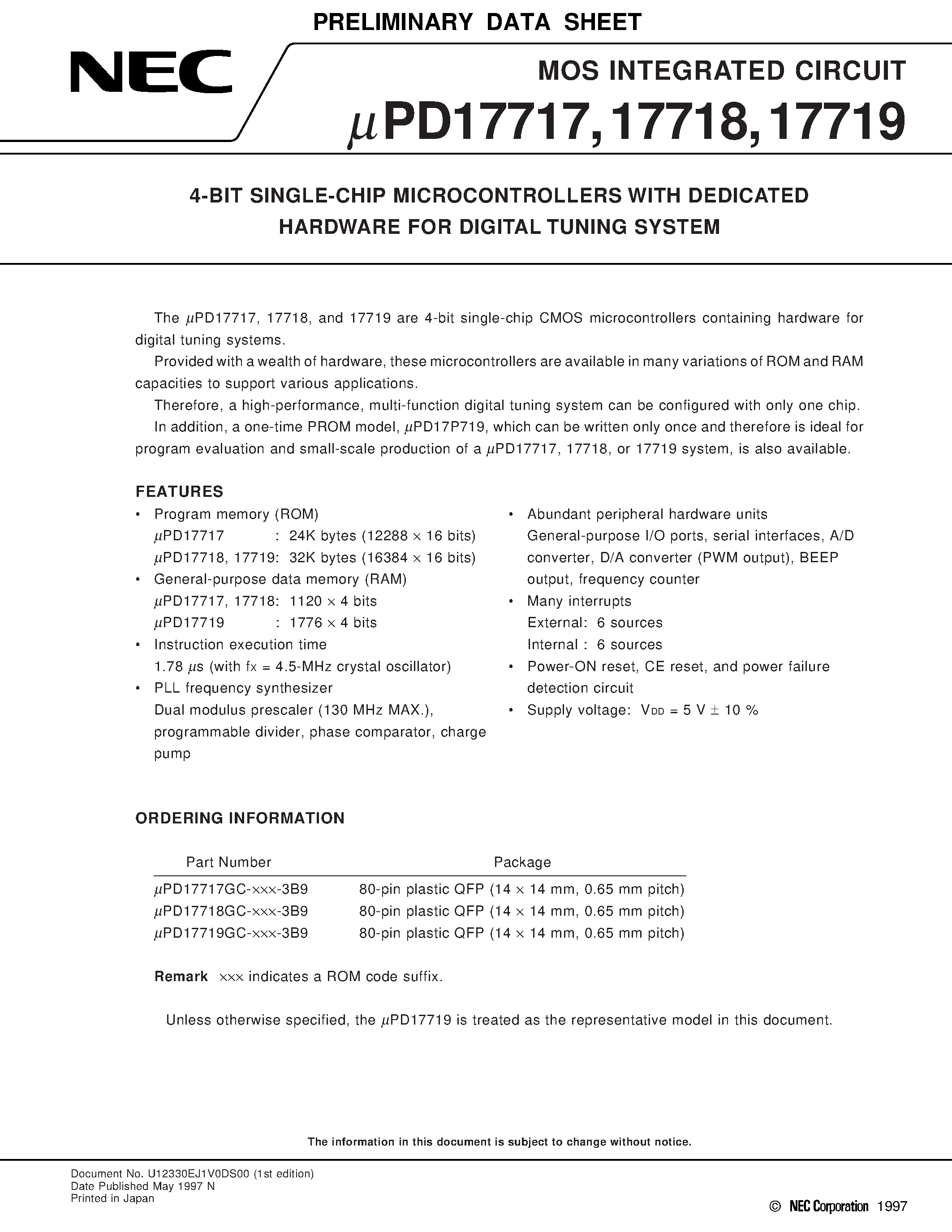 Datasheet UPD17717 - 4-BIT SINGLE-CHIP MICROCONTROLLERS WITH DEDICATED HARDWARE FOR DIGITAL TUNING SYSTEM page 1