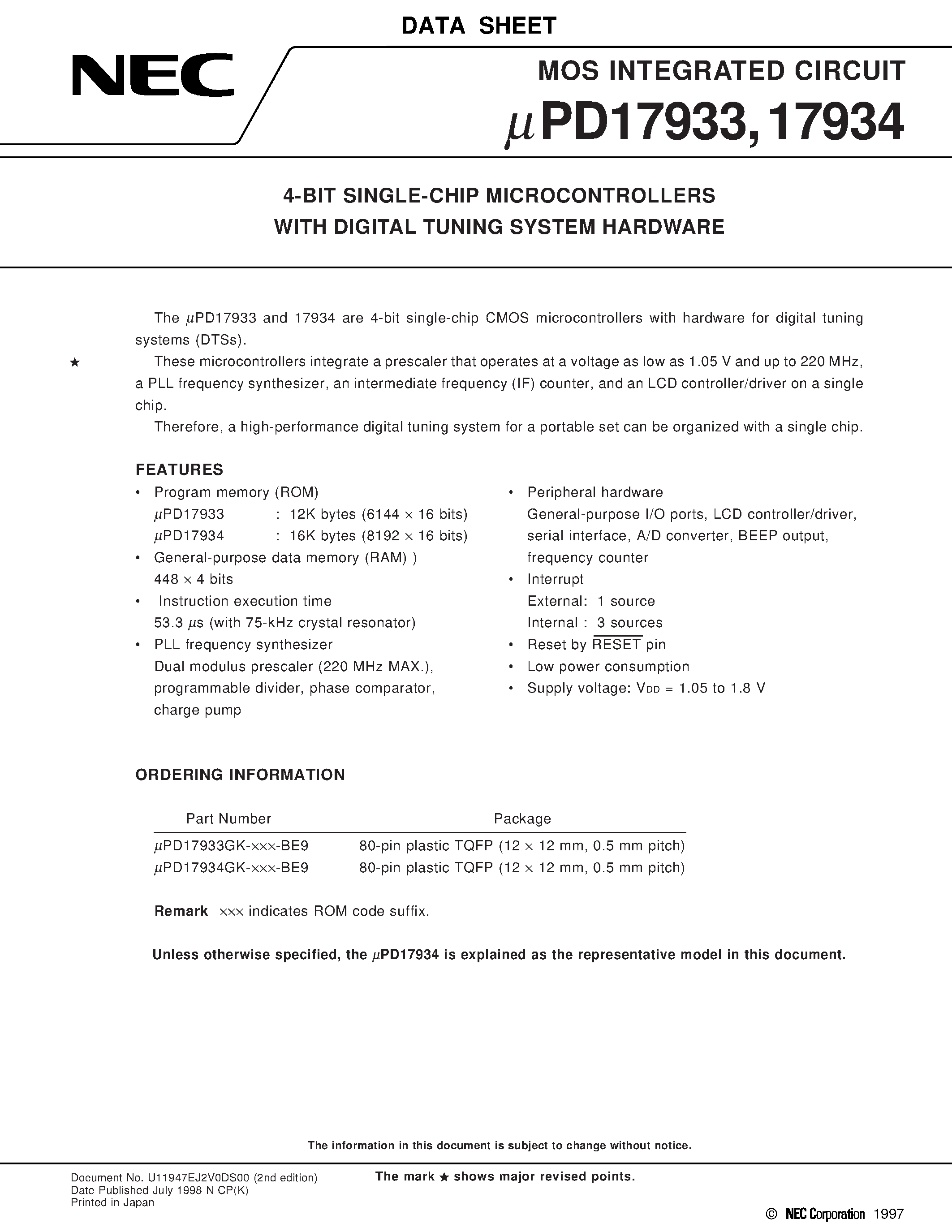 Datasheet UPD17933 - 4-BIT SINGLE-CHIP MICROCONTROLLERS WITH DIGITAL TUNING SYSTEM HARDWARE page 1