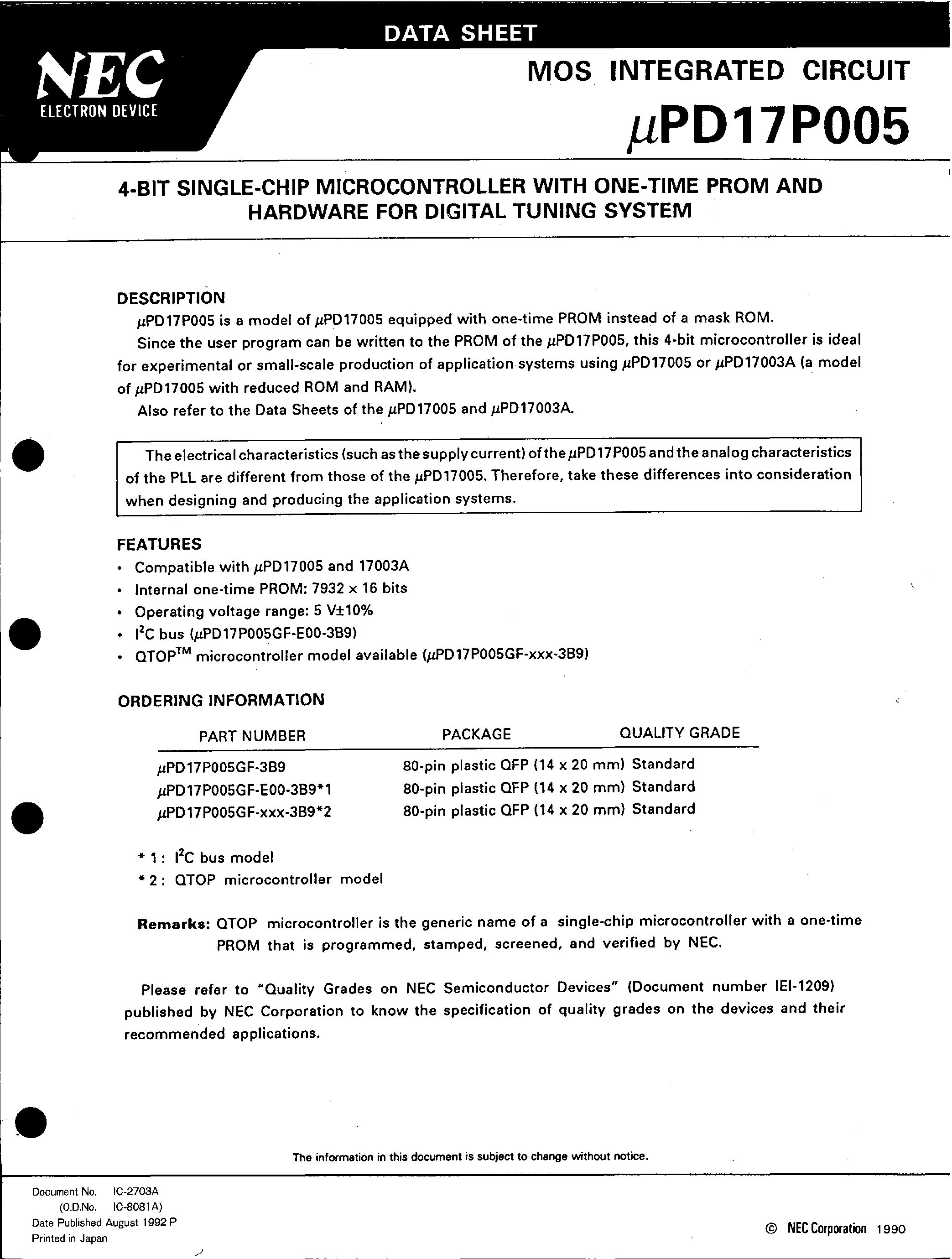 Datasheet UPD17P005 - 4-BIT SINGLE-CHIP MICROCONTROLLER WITH ONE-TIME PROM AND HARDWARE FOR DIGITAL TUINING SYSTEMS page 1