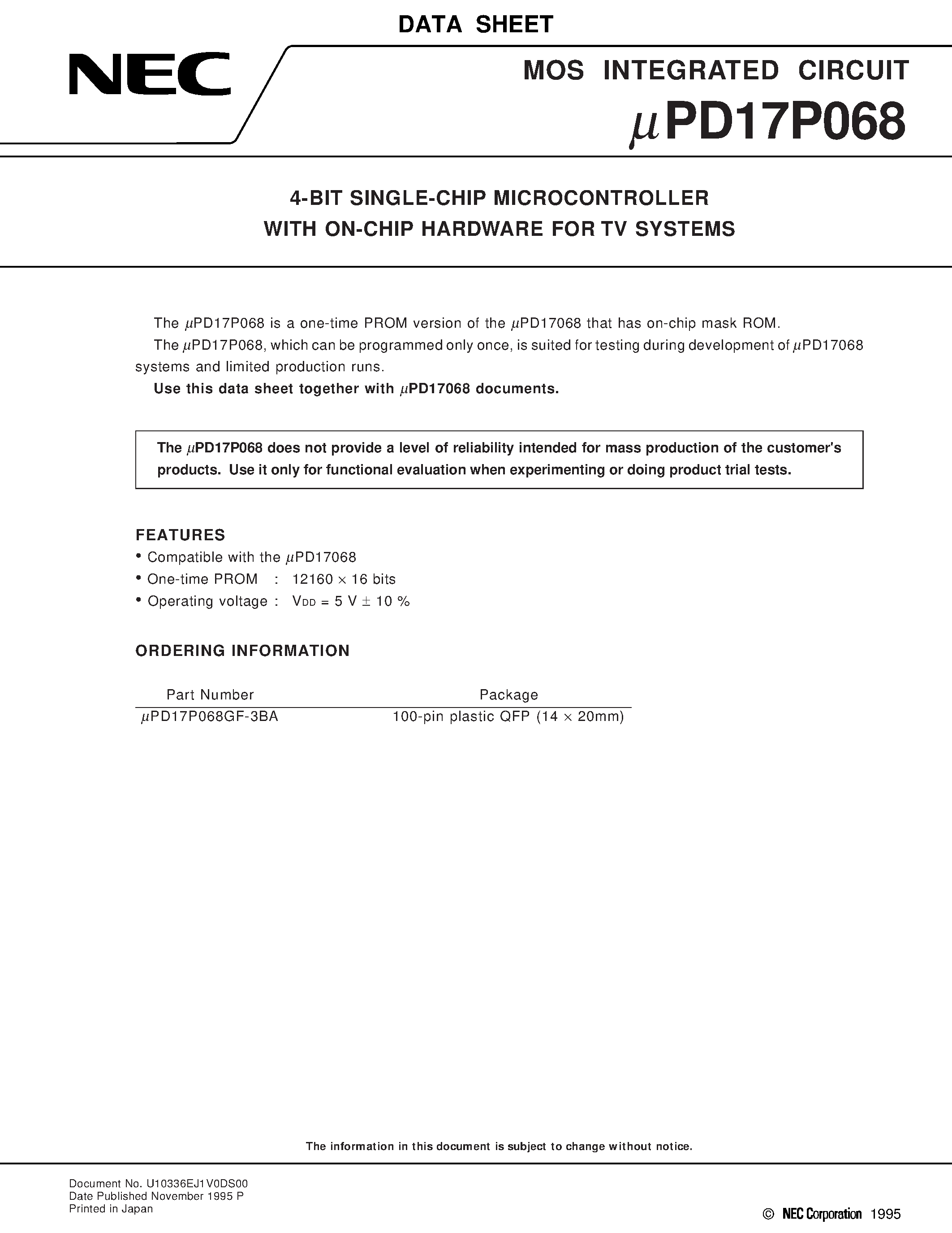 Datasheet UPD17P068 - 4-BIT SINGLE-CHIP MICROCONTROLLER WITH ON-CHIP HARDWARE FOR TV SYSTEMS page 1