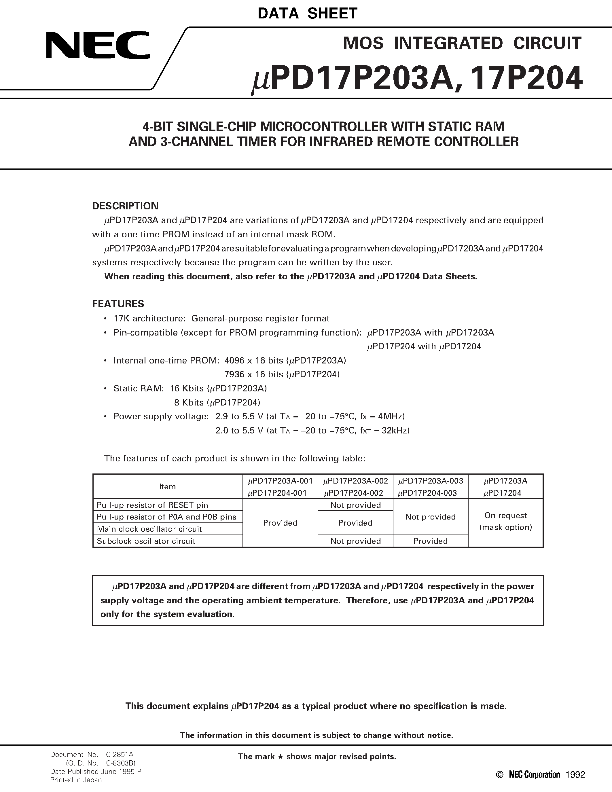 Datasheet UPD17P203A - 4-BIT SINGLE-CHIP MICROCONTROLLER WITH STATIC RAM AND 3-CHANNEL TIMER FOR INFRARED REMOTE CONTROLLER page 1