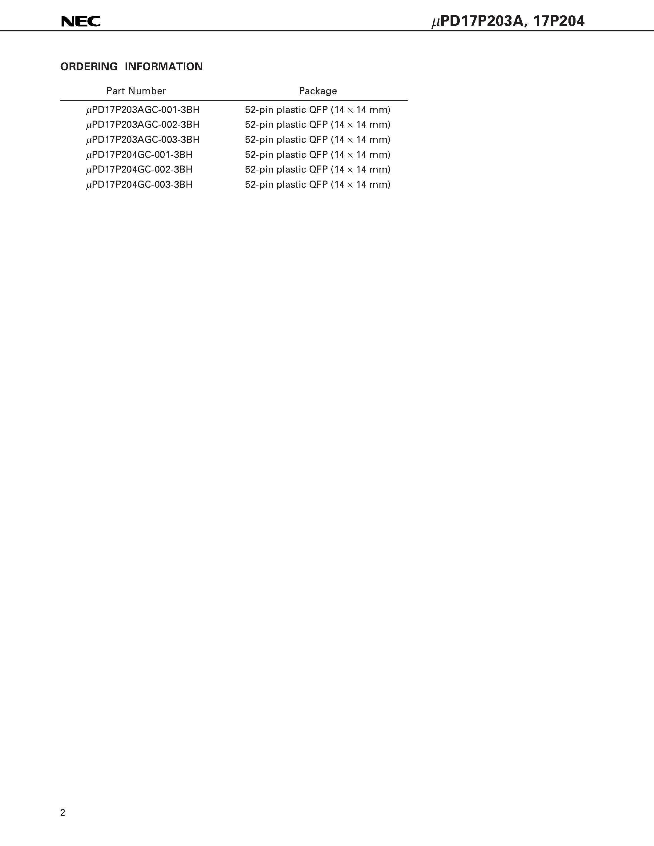 Datasheet UPD17P203A - 4-BIT SINGLE-CHIP MICROCONTROLLER WITH STATIC RAM AND 3-CHANNEL TIMER FOR INFRARED REMOTE CONTROLLER page 2