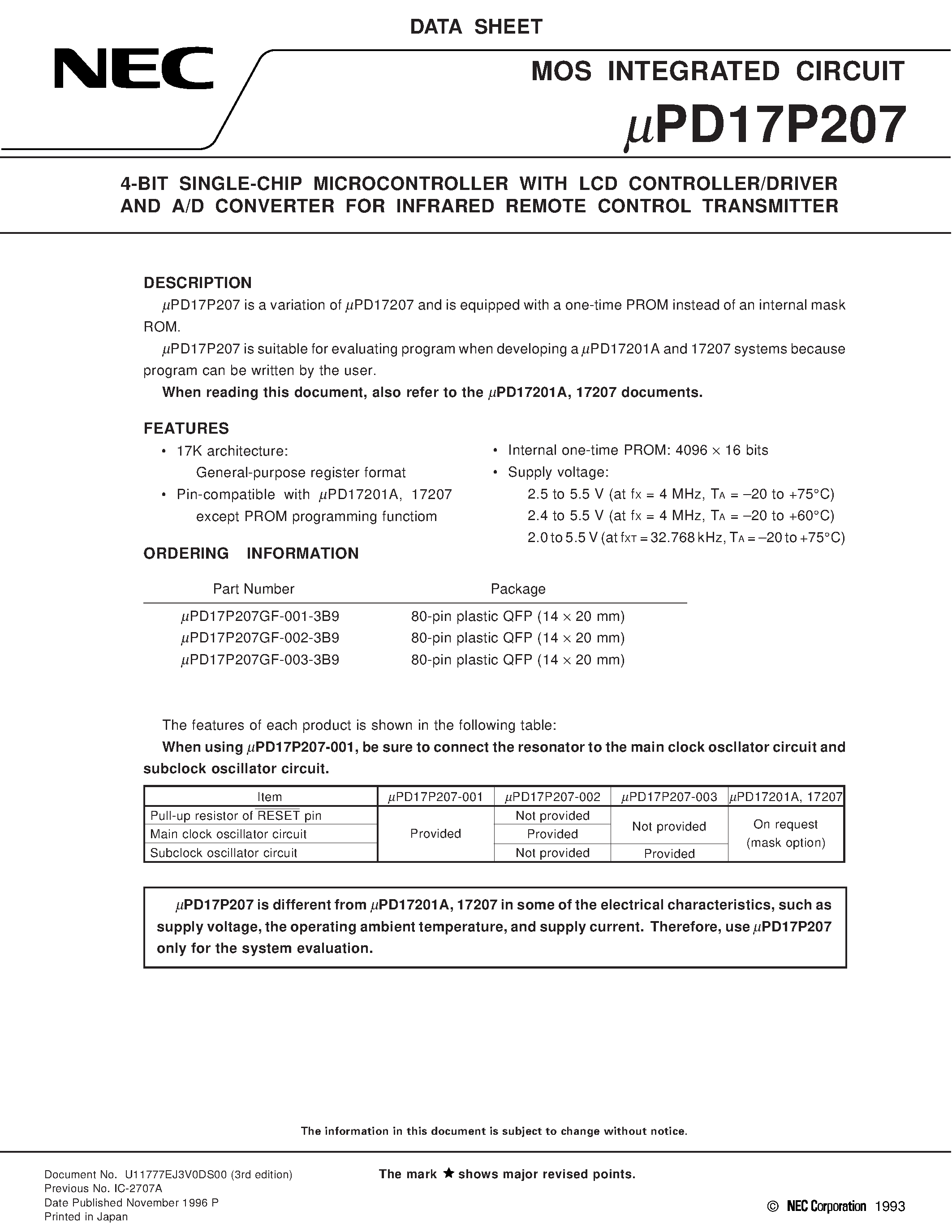 Datasheet UPD17P207GF-001 - 4-BIT SINGLE-CHIP MICROCONTROLLER WITH LCD CONTROLLER/DRIVER AND A/D CONVERTER FOR INFRARED REMOTE CONTROL TRANSMITTER page 1