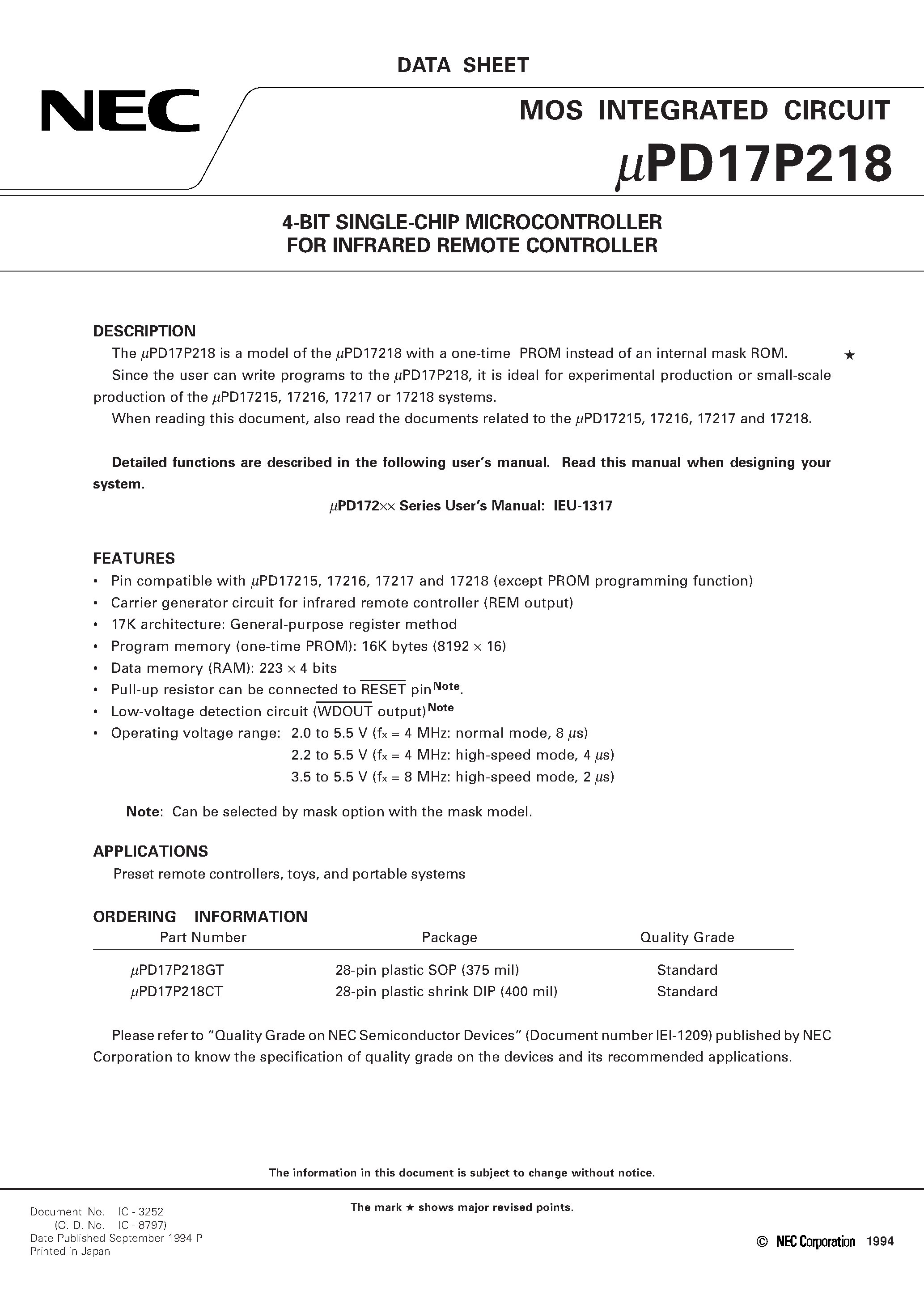 Datasheet UPD17P218 - 4-BIT SINGLE-CHIP MICROCONTROLLER FOR INFRARED REMOTE CONTROLLER page 1